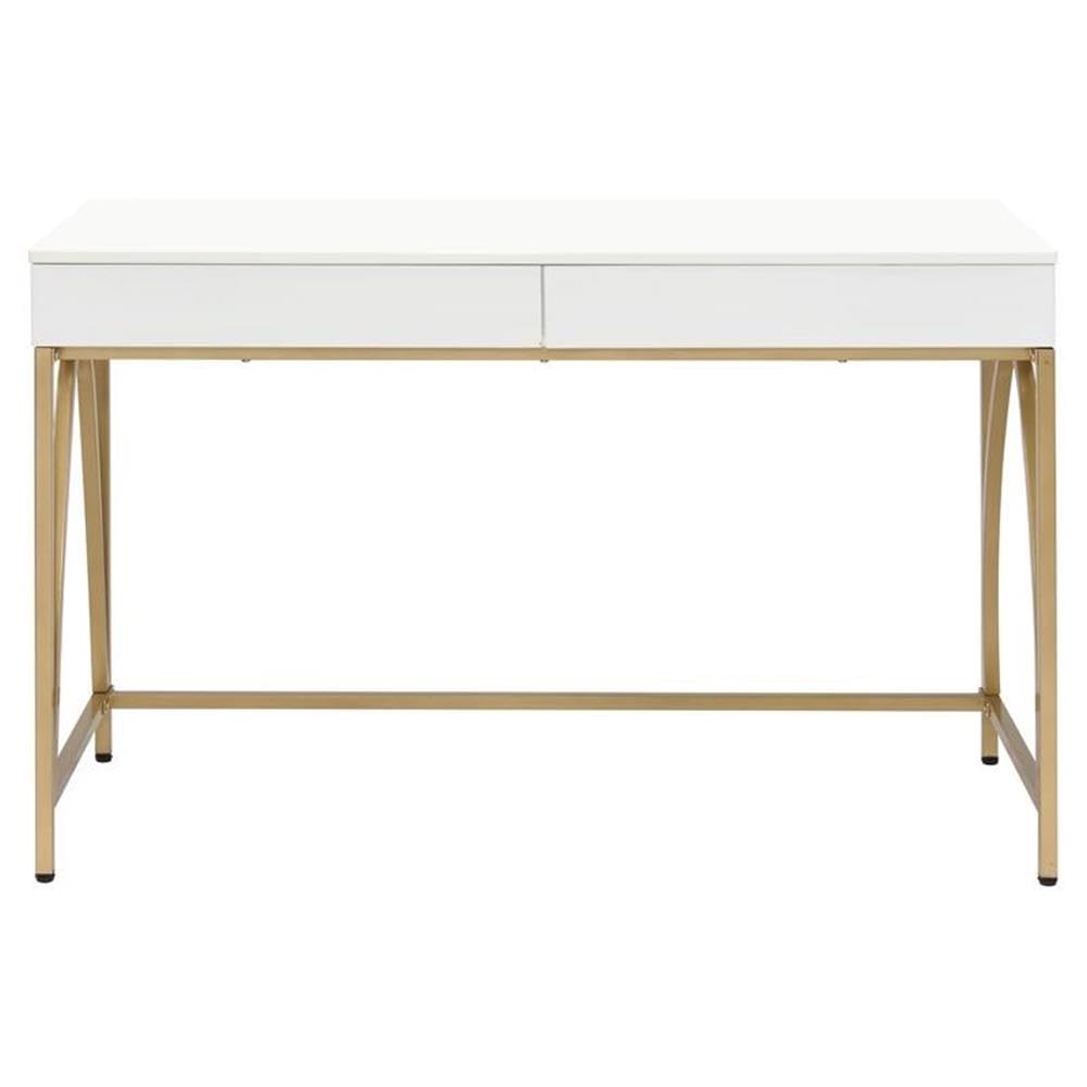 UrbanPro Contemporary White High Gloss & Gold Wood Writing Desk - Modern Home Office Furniture for Small Spaces, Study & Work from Home