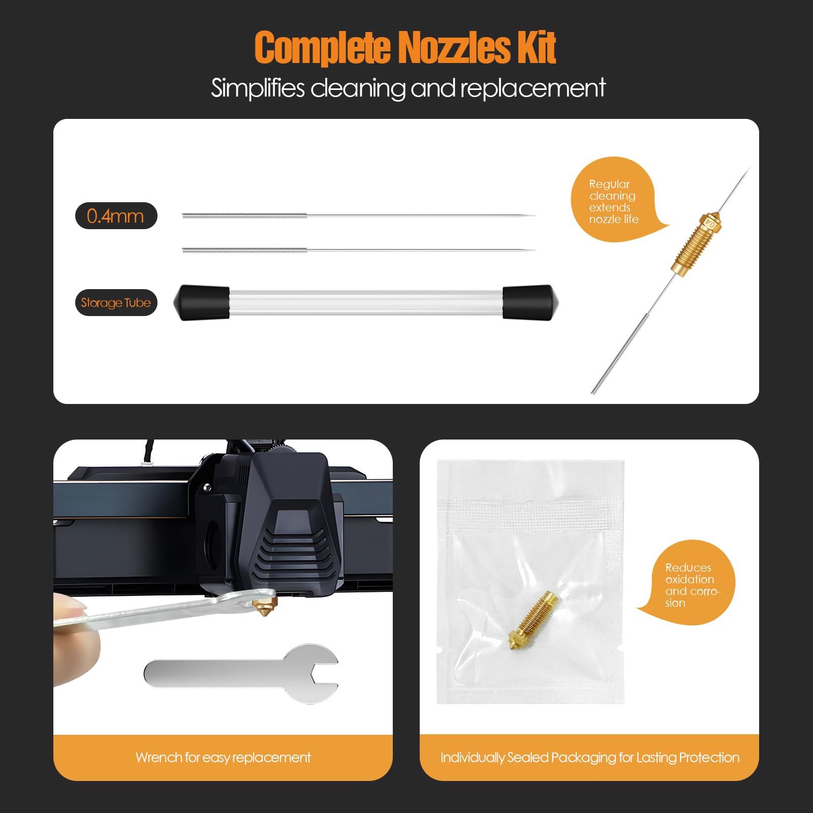 0.4mm Nozzle Kit for Elegoo Neptune 4 Plus/Max 3D Printer - 10pcs High-Quality Brass Nozzles with Cleaning Needles & Wrench - Essential 3D Printing Accessories for Smooth Printing Experience - Perfect for PLA, ABS, PETG Filaments