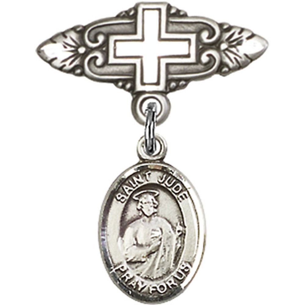 St. Jude Thaddeus Sterling Silver Baby Badge with Cross Charm - 1 X 3/4 Inch Religious Pin for Baptism, Christening & First Communion Gifts