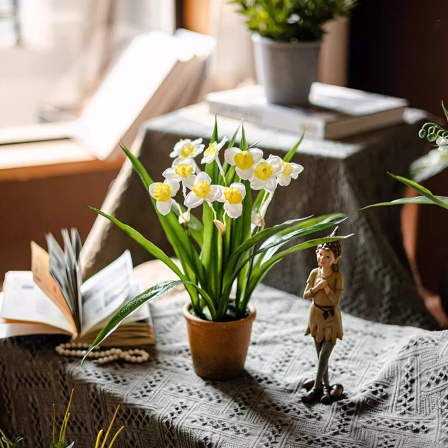 Artificial Daffodil Flower in Brown Pot - Home Decor, Office Desk Decor, Spring Table Centerpiece for Living Room, Kitchen, Dining Room