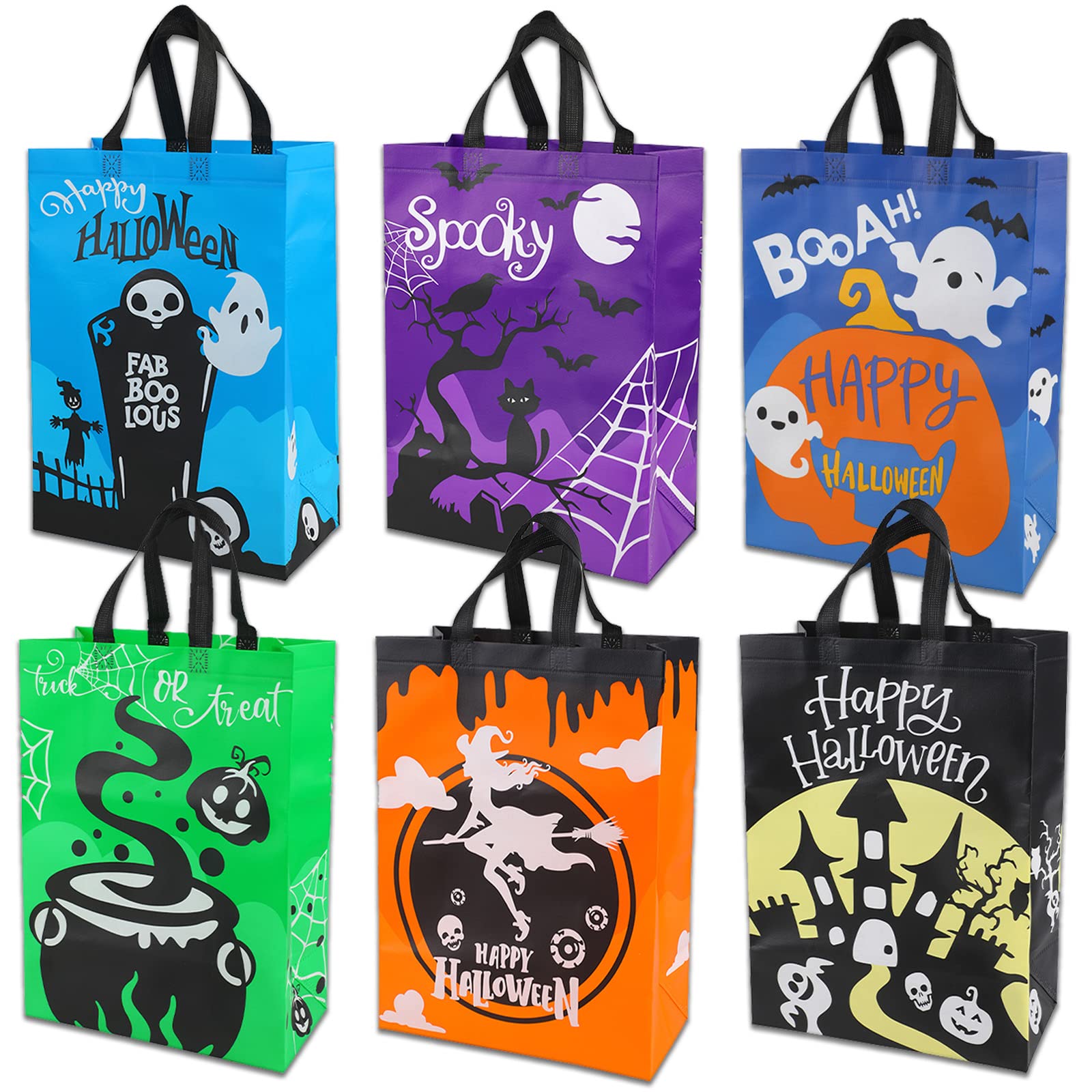 6 Pack Halloween Trick or Treat Bags - Large Reusable Non-Woven Candy Tote Bags with Handles (15.6