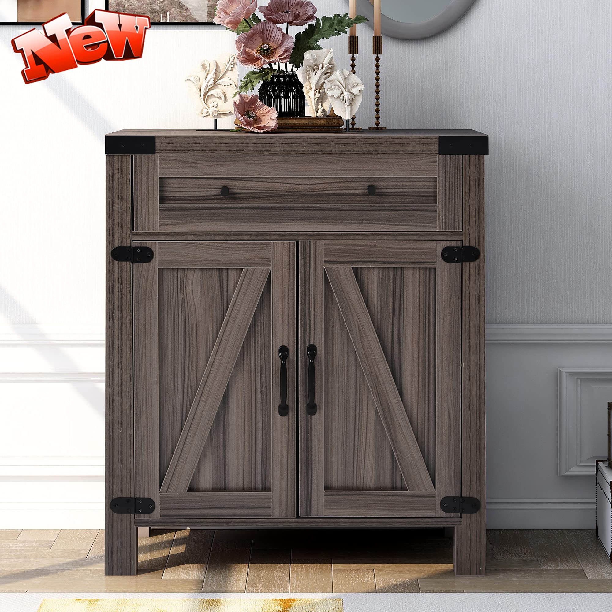 30 Inch Rustic Dark Gray Wood Farmhouse Buffet Sideboard Cabinet with Doors & Drawers - Entryway, Kitchen, Dining & Living Room Storage Solution - Solid Wood Console Table for Home Decor & Organization