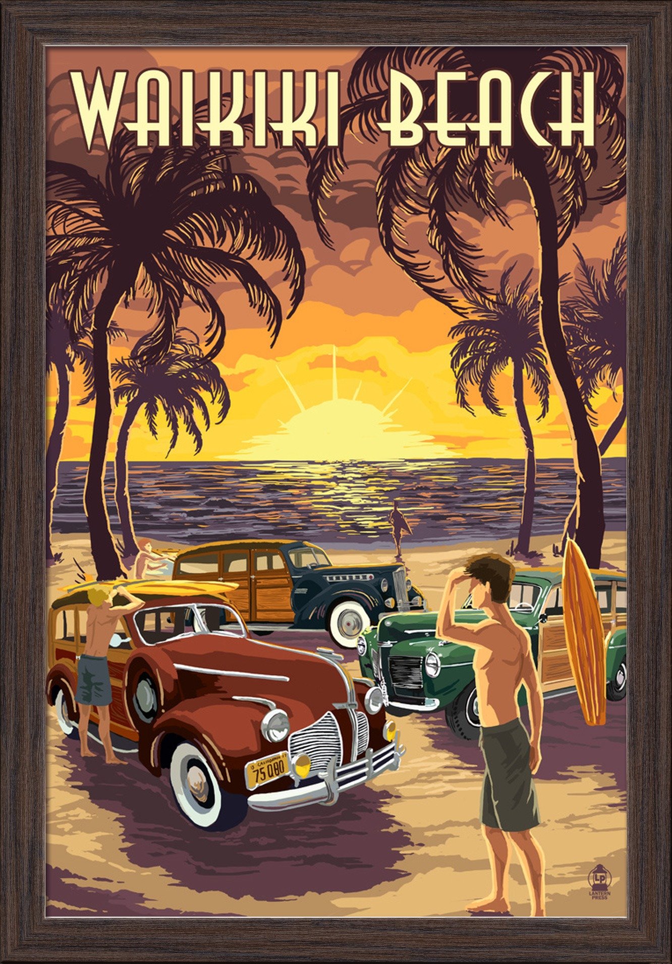 Hawaii Waikiki Beach Woodies on the Beach - 16x24 Inch Giclee Fine Art Print with Recycled Wood Frame in Espresso Brown - Perfect for Coastal, Beach House, and Surf Decor