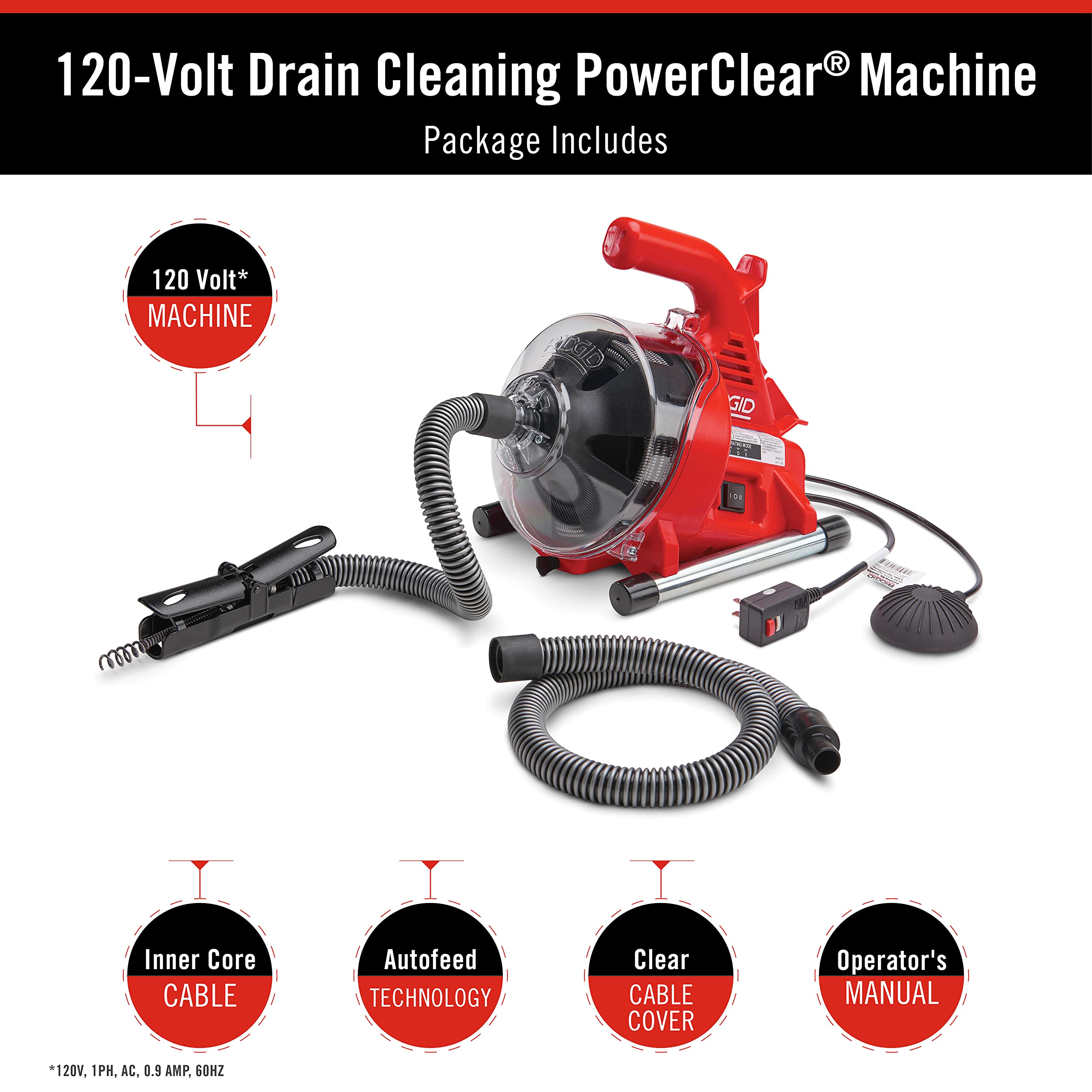 RIDGID 55808 PowerClear 120V Drain Cleaning Machine Kit - AUTOFEED Drain Snake for Clogged Tubs, Showers & Sinks | Includes Inner Core Cable & Guide Hose | Professional Plumbing Tool for Home & Commercial Use