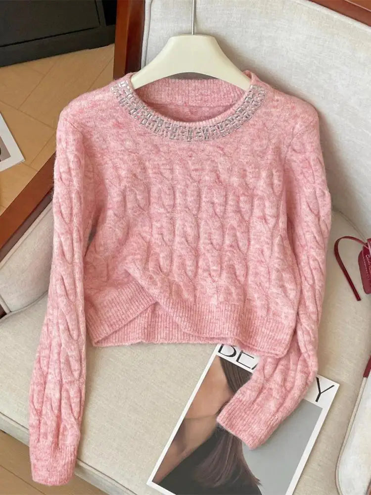 Women's Beige & Pink Diamond Knit Sweater - Round Neck Long Sleeve Pullover Top for Fall Winter | Casual Chic Fashion Knitwear for Office, Dating & Holiday Outfits