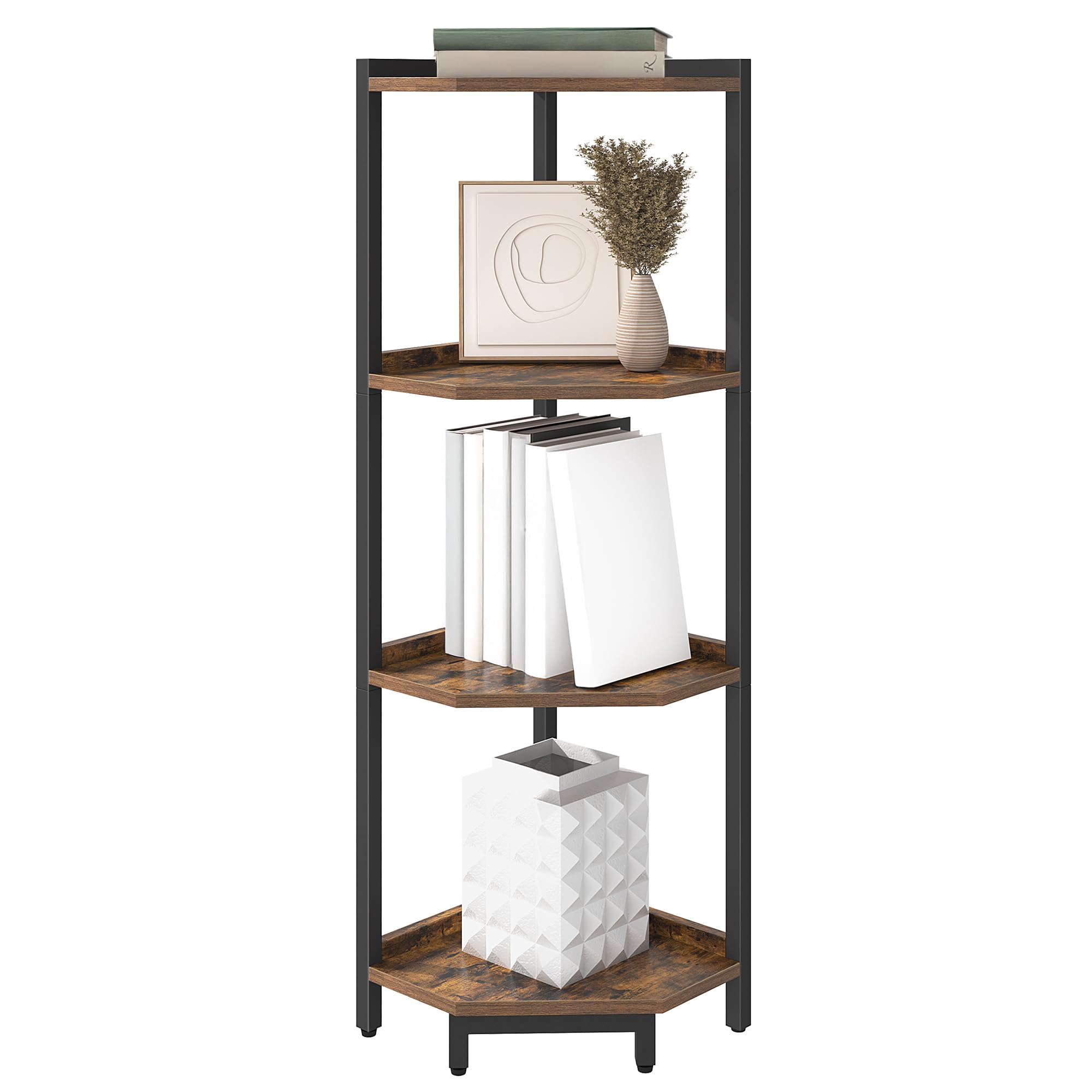 Rustic Brown 4-Tier Corner Shelf Stand - Metal Frame Storage Bookcase for Living Room, Home Office & Bedroom | Space-Saving Plant Stand & Bookshelf Organizer for Small Spaces & Home Decor