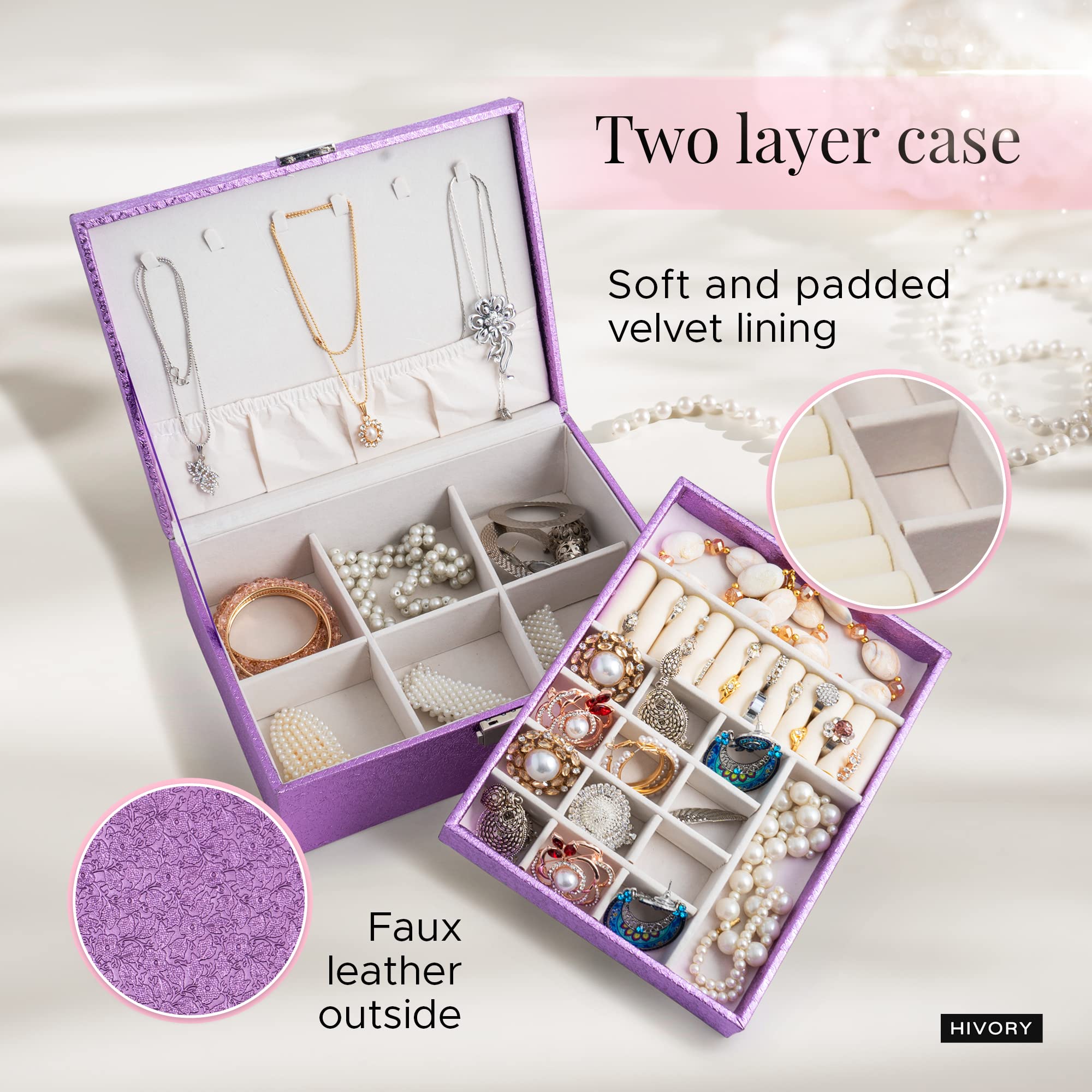Hivory Jewelry Organizer Box for Women & Girls - Double Layer Stackable Jewelry Storage with Trays for Rings, Earrings, Bracelets, Necklaces & Studs - Perfect for Bedroom, Travel & Gift (Purple)