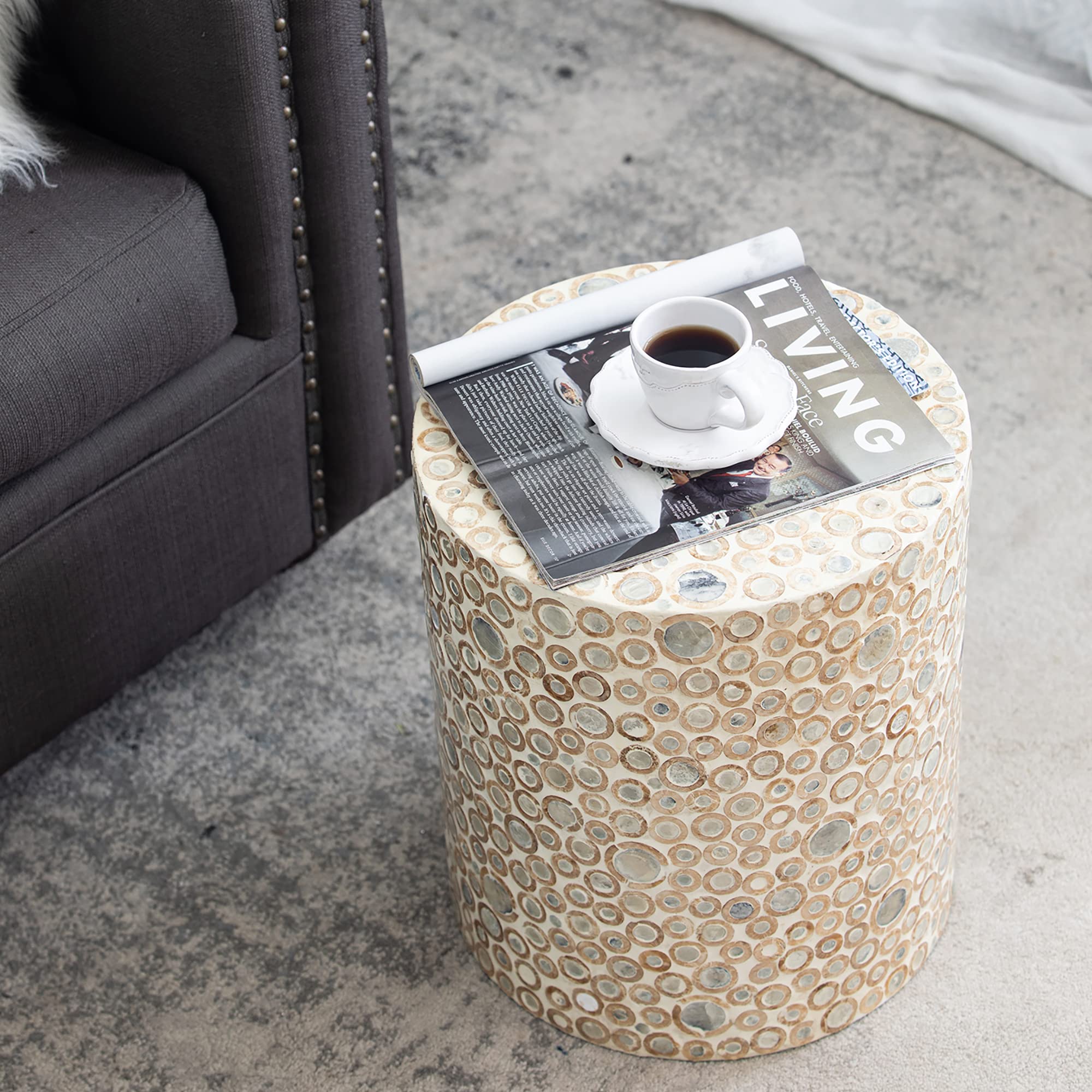 Mother of Pearl End Table - Cream Capiz Stool for Living Room Decor
