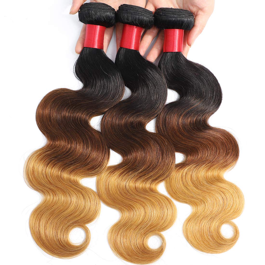 AUTTO 100% Virgin Brazilian Human Hair Weaves Extensions - 3 Bundles Body Wave Ombre 1B/4/27 Honey Brown Hair 14