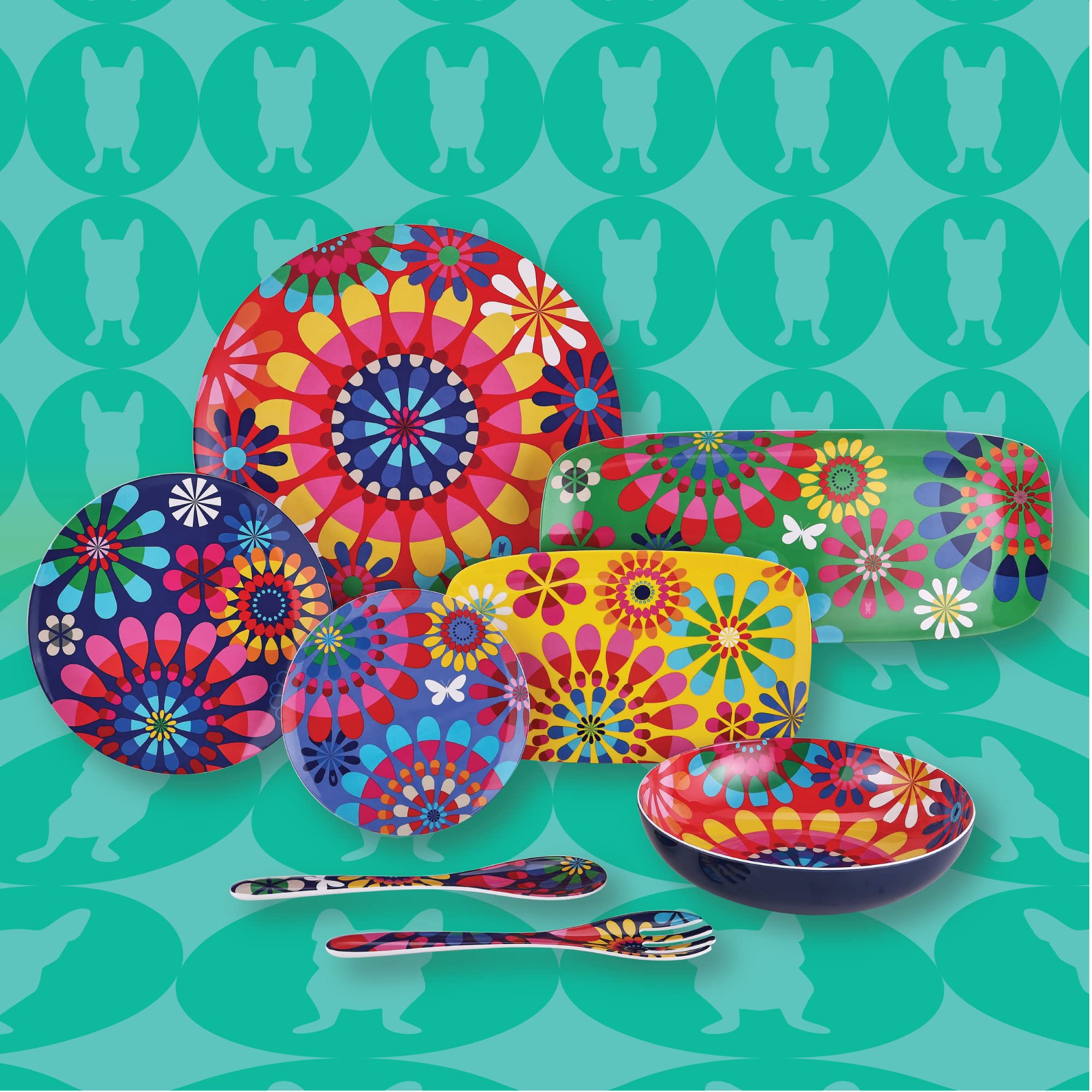 French Bulldog Melamine Plates - 4-Piece 9-Inch Salad Plate Set - Durable Dinnerware for Indoor & Outdoor Use - Perfect for Parties, Picnics, and Festivals