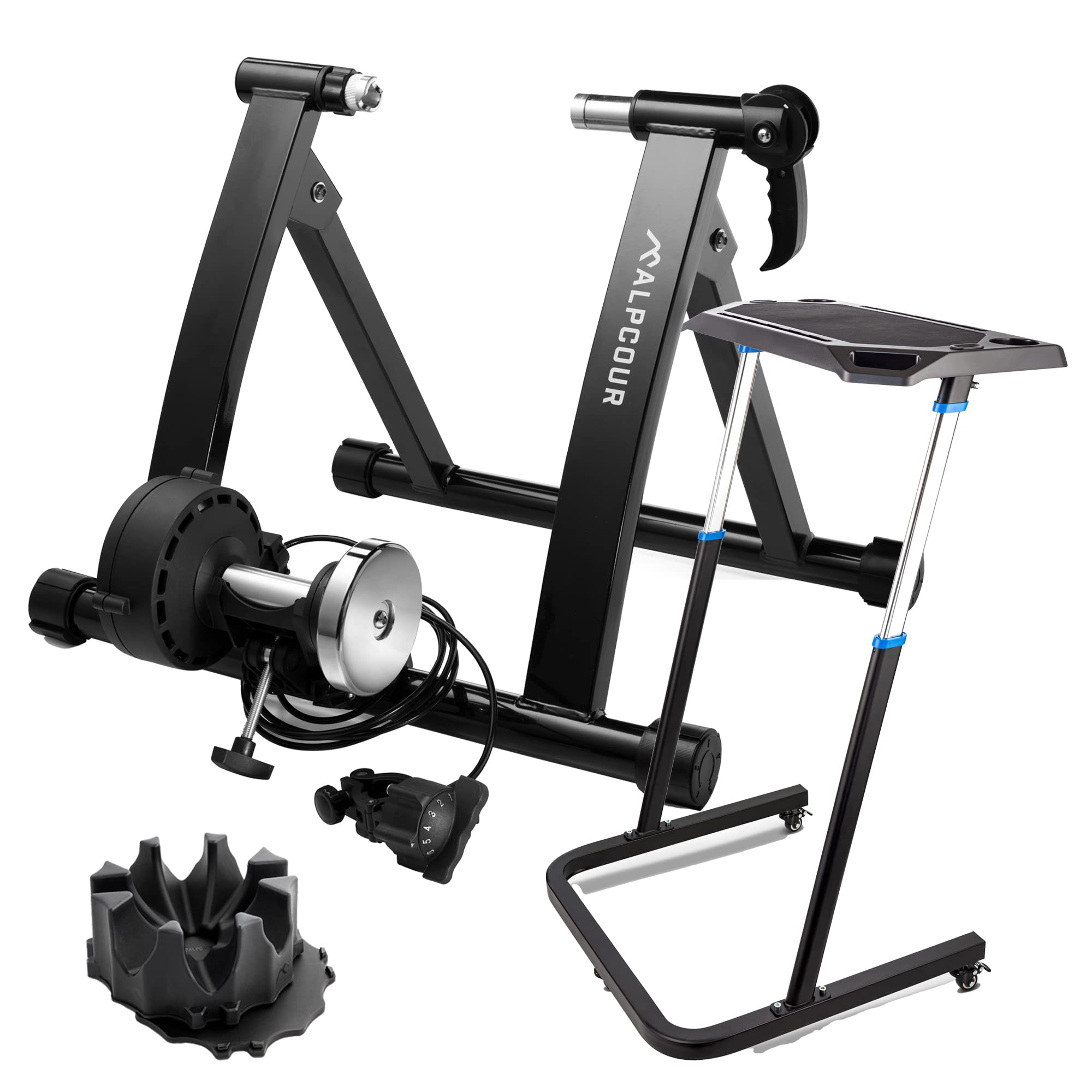 Alpcour Magnetic Bike Trainer Stand - Indoor Cycling Trainer with Portable Fitness Desk & 4-Tier Riser Block - Anti-Skid Design for Home Gym, Workout & Multitasking Office Use