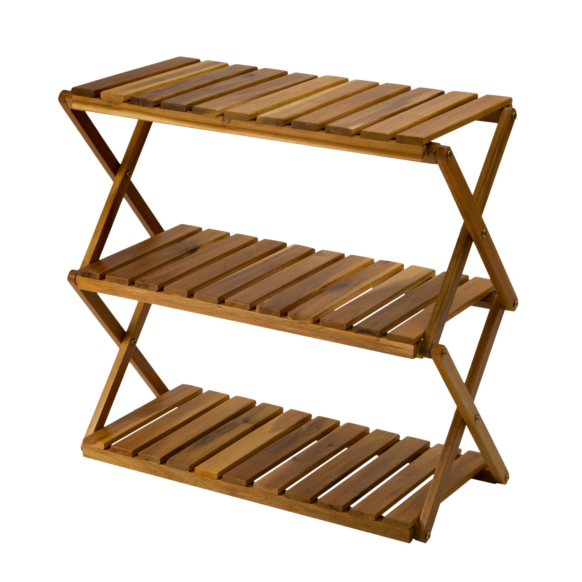 3-Tier Acacia Wood Plant Stand - Foldable Shoe Rack & Multipurpose Shelf for Living Room, Bedroom, Hallway | Space-Saving Storage Solution for Plants, Shoes & Home Decor