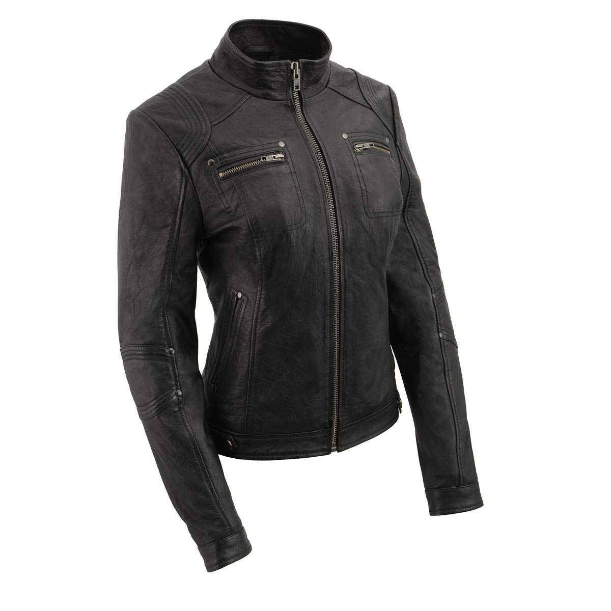 Milwaukee Leather SFL2801 Women's Racer Black Stand-Up Collar Motorcycle Jacket - Stylish & Protective Riding Gear for Urban Commutes & Weekend Adventures