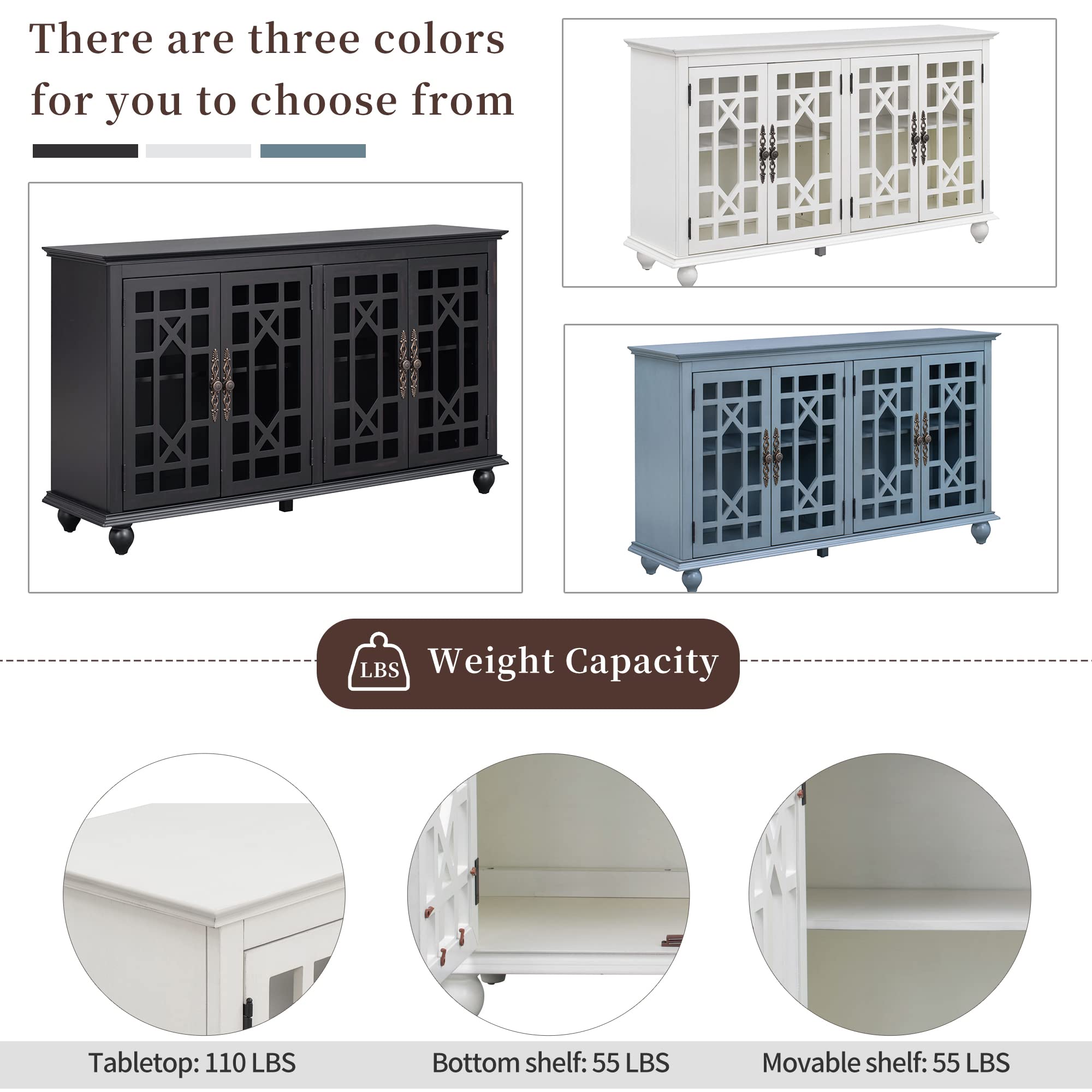 Elegant Glass Door Sideboard Buffet Cabinet - Long Bar Table Buffet Server with Adjustable Shelf, Retro Handles, Accent Storage Cabinet - Perfect for Living Room, Dining Room & Kitchen Storage Solution