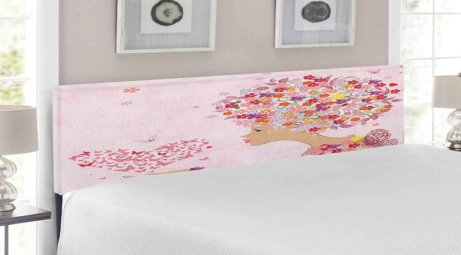 Ambesonne Pink Floral Headboard with Heart & Butterfly Wings - Hand Drawn Spring Theme Upholstered Decorative Metal Bed Headboard with Memory Foam - King Size Multicolor - Perfect for Girls' Bedroom, Teen Room Decor & Spring-Themed Home Makeover