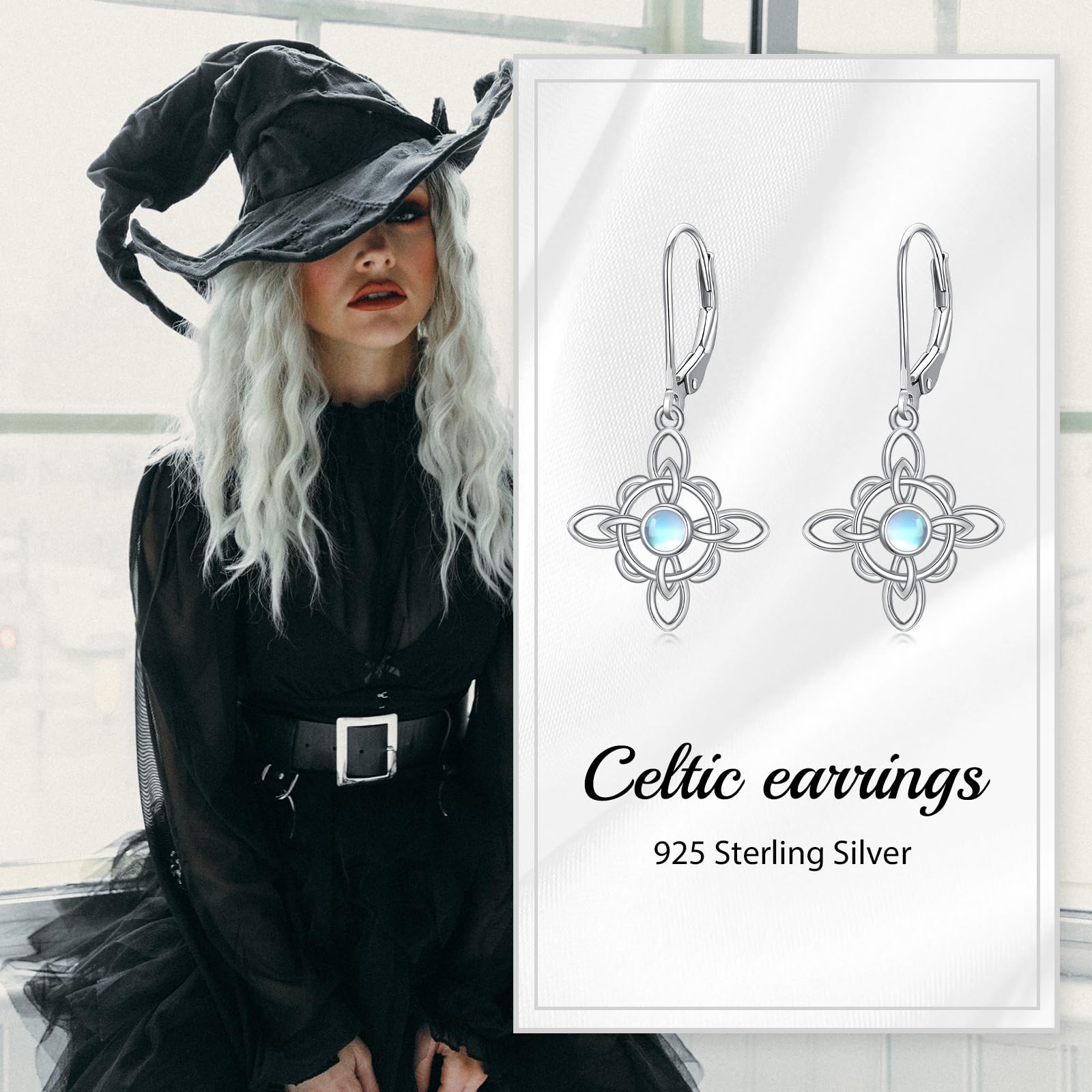 VONALA Sterling Silver Celtic Knot Moonstone Dangle Earrings - Triquetra Wicca Jewelry for Women, Irish Knot Drop Earrings for Girls, Perfect Gift for Witchy Boho Style & Pagan Rituals
