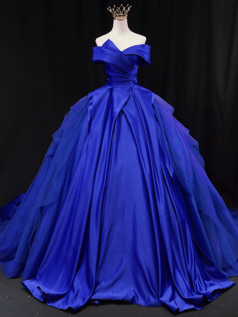 Elegant Off Shoulder Tulle Satin Blue Long Prom Gown - Formal Evening Dress for Women | Perfect for Prom Night, Homecoming, Wedding & Special Occasions