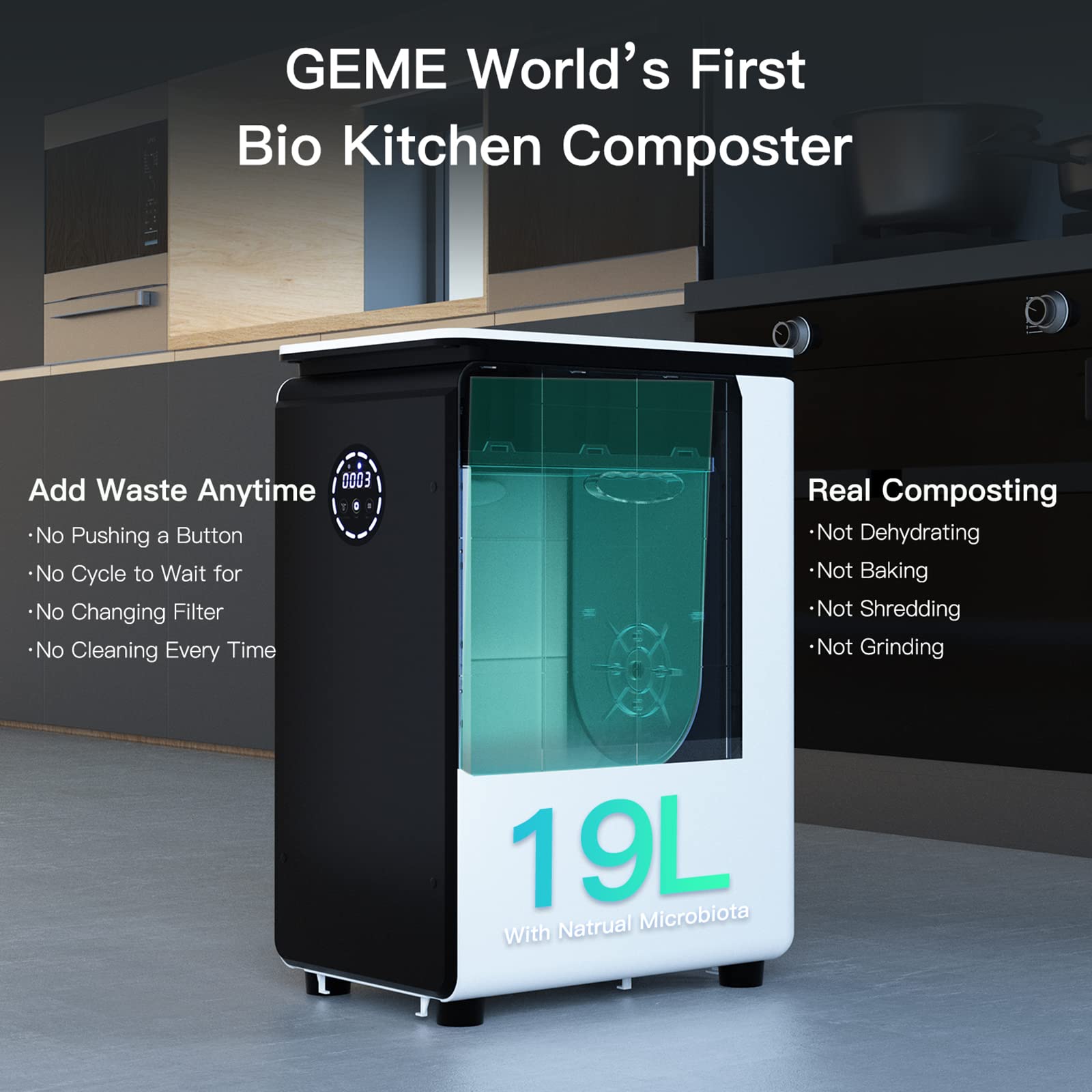 GEME Electric Kitchen Composter - 19L Smart Food Waste Composter Machine, Converts Food Scraps to Organic Compost Fast, No Dehydration Needed | Perfect for Eco-Friendly Homes, Small Gardens & Sustainable Living