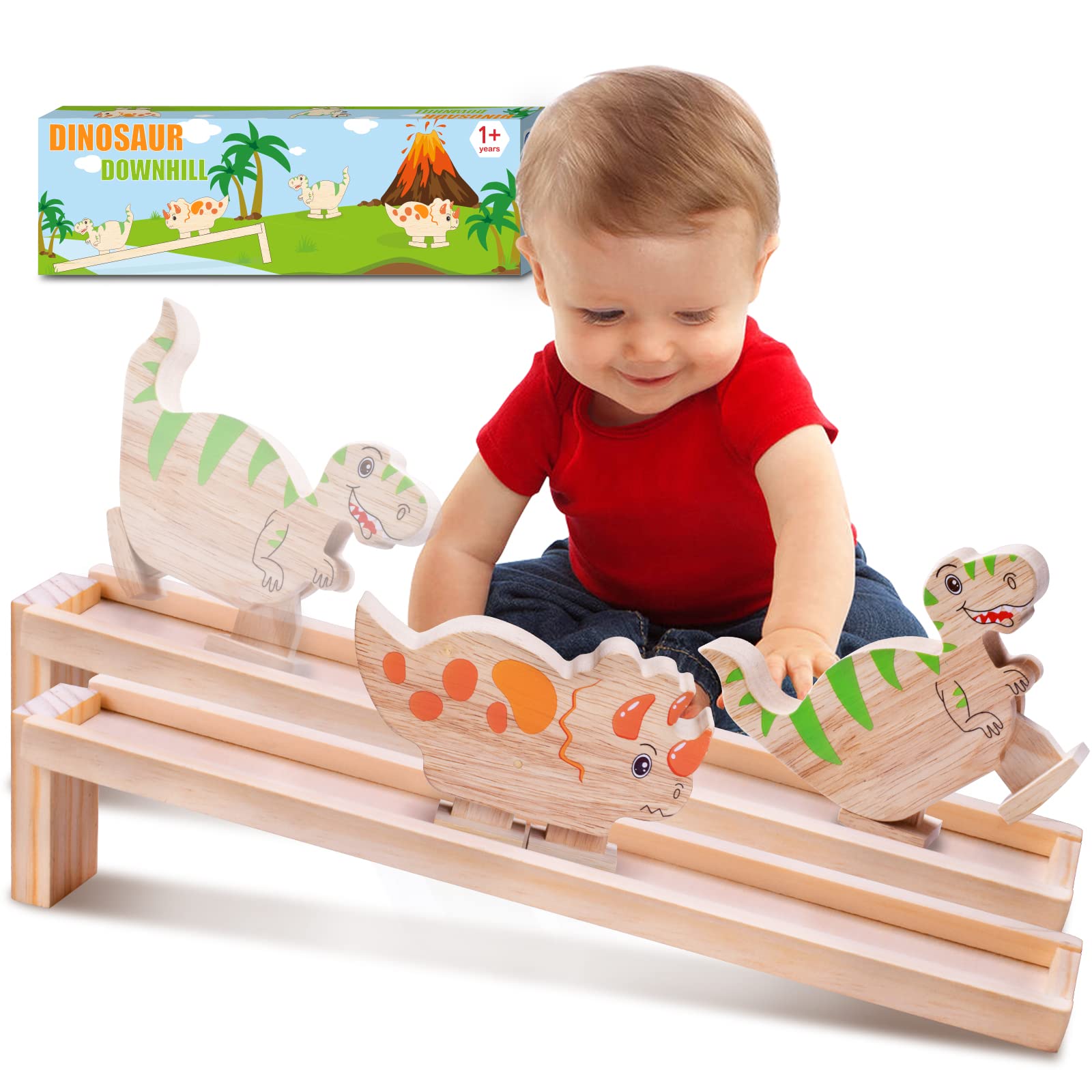 Kaodezhu Wooden Ramp Dinosaur Toys 2 Pack - Large Walking Dinosaur Toys for Toddlers Age 1-3, Educational Dinosaur Blocks Gift for Boys & Girls | Perfect for Preschool Learning, Birthday Gifts & Interactive Playtime