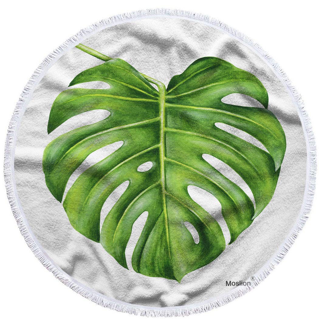 Moslion 63 Inch Oversized Leaf Round Beach Towel - Tropical Monstera Hand Painted Watercolor Design, Soft Polyester-Microfiber for Pool, Beach, Picnic & Outdoor Activities