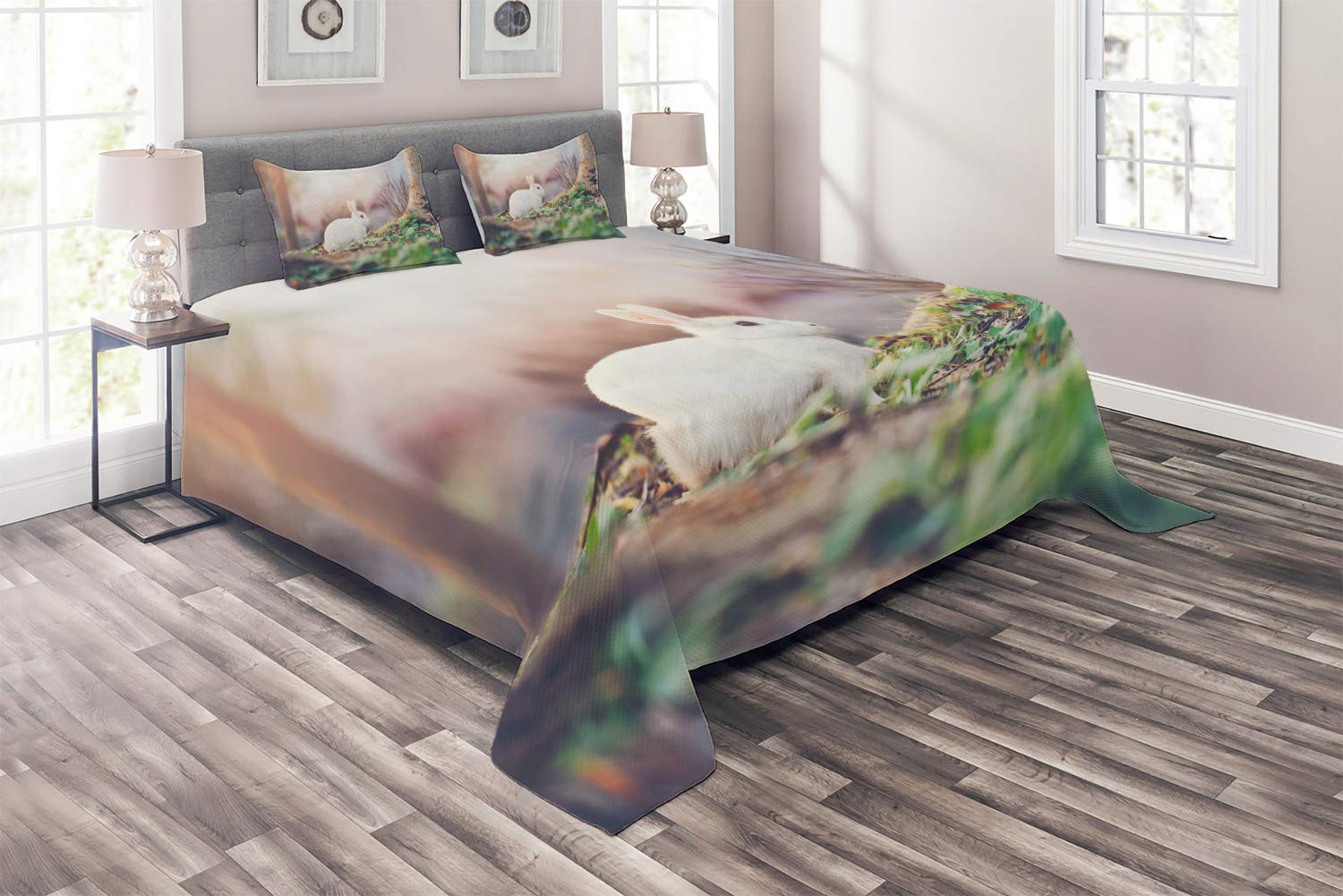 Ambesonne Easter Bunny Quilt Set - King Size 3-Piece Bedspread with 2 Pillow Shams, White Rabbit Photography on Spring Green Grass Forest Design, Multicolor Decorative Coverlet | Perfect for Easter Decor, Spring Bedroom Refresh & Cozy Seasonal Home Styling