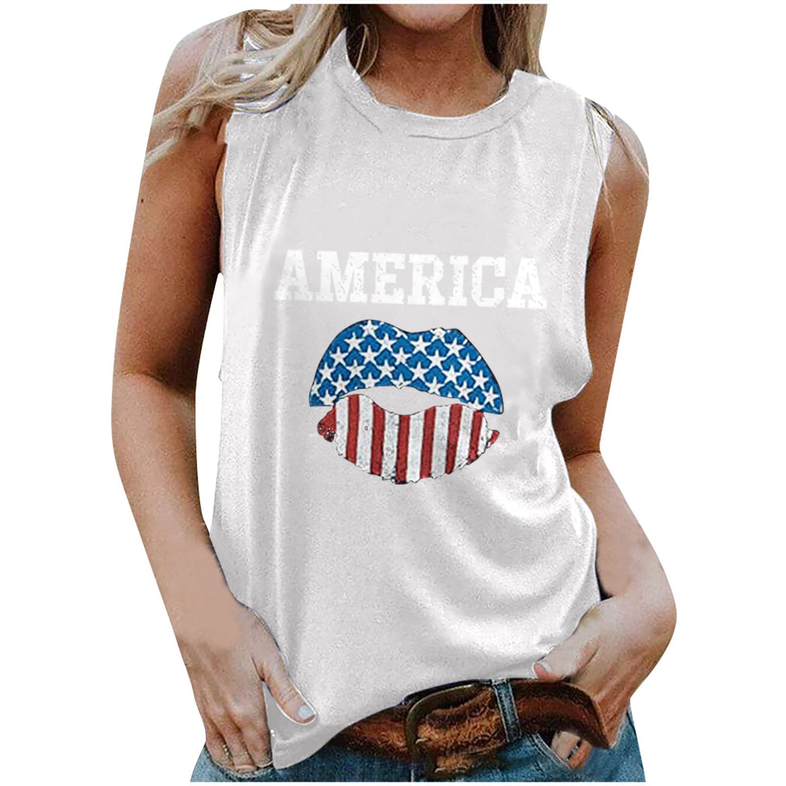 Women's Crew Neck Tank Tops - USA Flag Print Patriotic Summer T-Shirts with Stars & Stripes Design | Perfect for 4th of July, Beach Outfits & Casual Wear