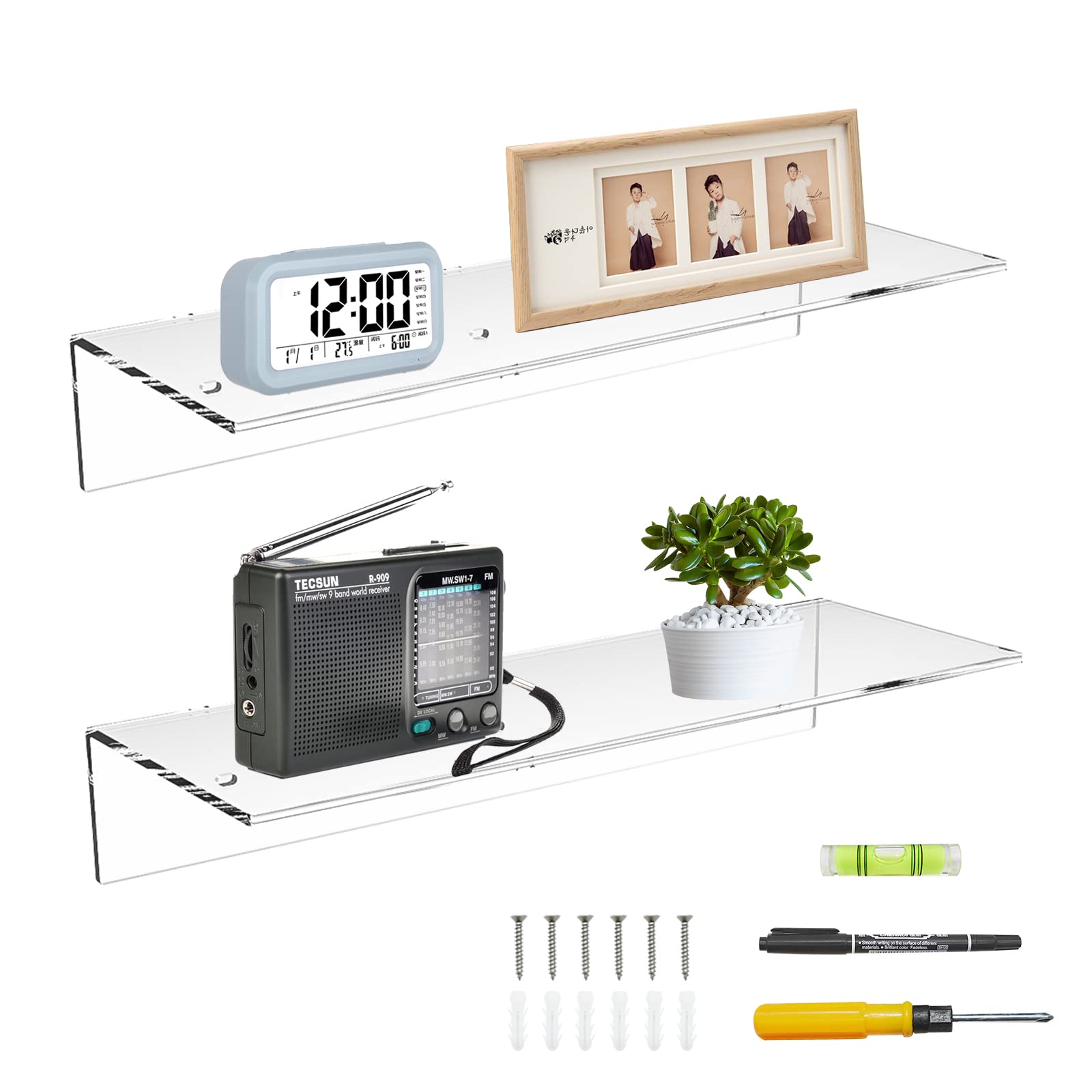17 Inch Clear Acrylic Wall Mounted Shelves - 2 Pack Display Shelves for Bedroom, Funko Pop Collectibles, Books, Plants & Speakers - Modern Floating Shelf for Home Decor & Organization