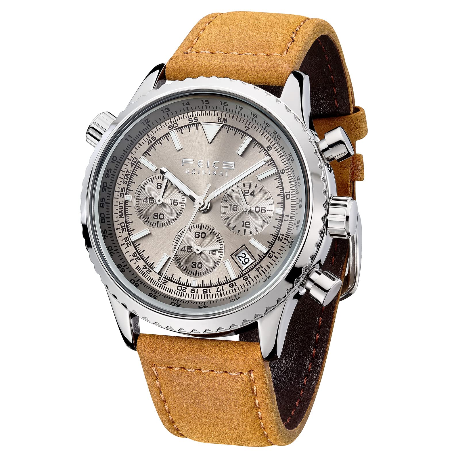 FEICE Men's Chronograph Watch - Waterproof Analog Quartz Watch with Date, Luminous Hands & Leather Strap - Business & Casual Wristwatch for Men (Model FK812, Gray) - Perfect for Office, Dating & Outdoor Activities