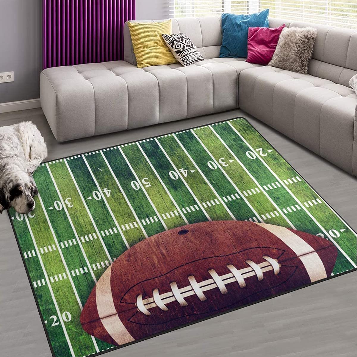 Premium American Football Field Area Rug - Soft, Washable Grass Design Carpet with Non-Slip Backing | Perfect for Living Room, Bedroom, Kitchen, Home Office | 5.3ft x 4ft | Great for Game Day Decor, Sports Themed Rooms & Man Cave Flooring