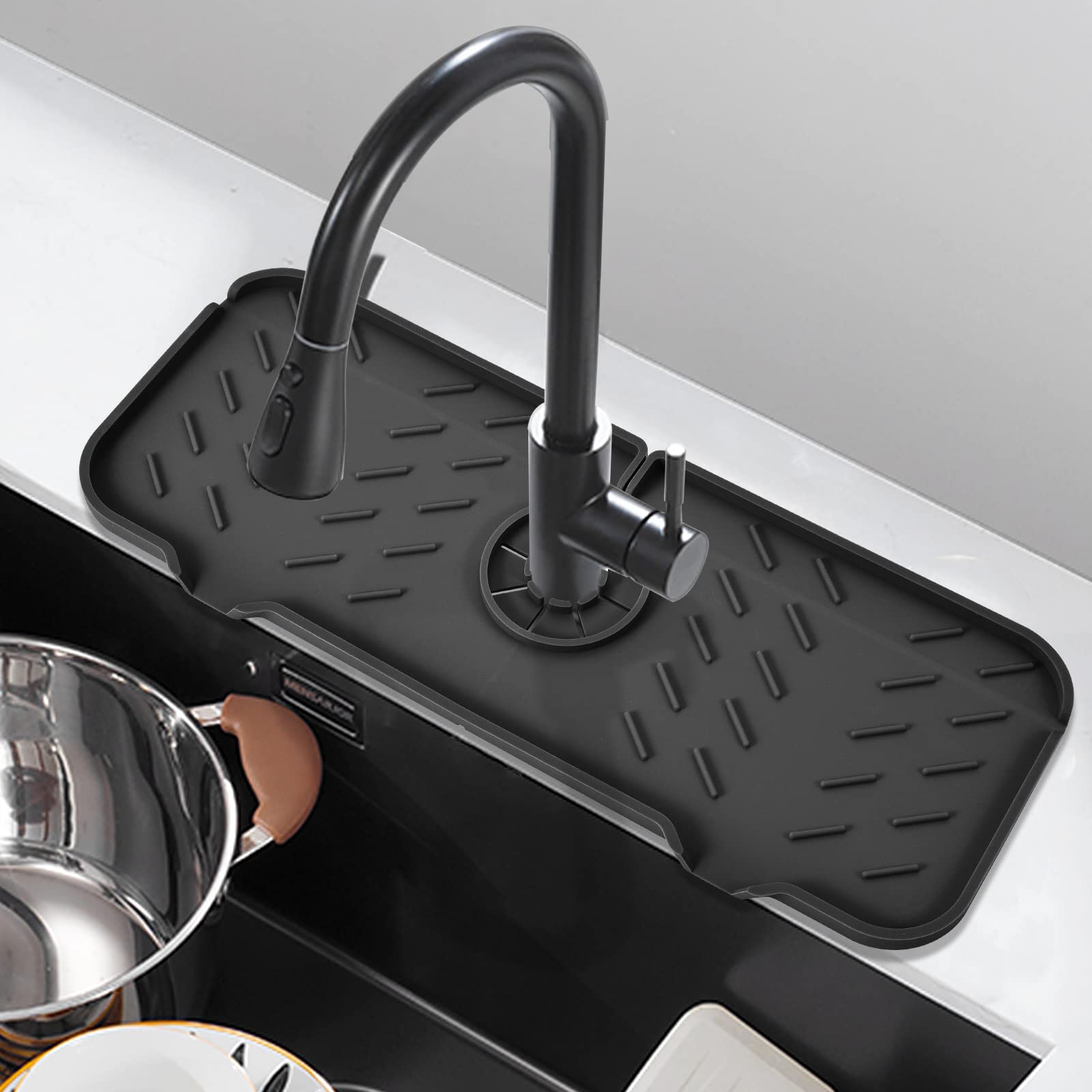 VENMATE Silicone Faucet Mat - 2 Pack Black Sink Splash Guard for Kitchen & Bathroom | Non-Slip Water Catcher Mat, Faucet Drying Pad | Perfect for Countertop Protection, Dish Drying & Splash Prevention