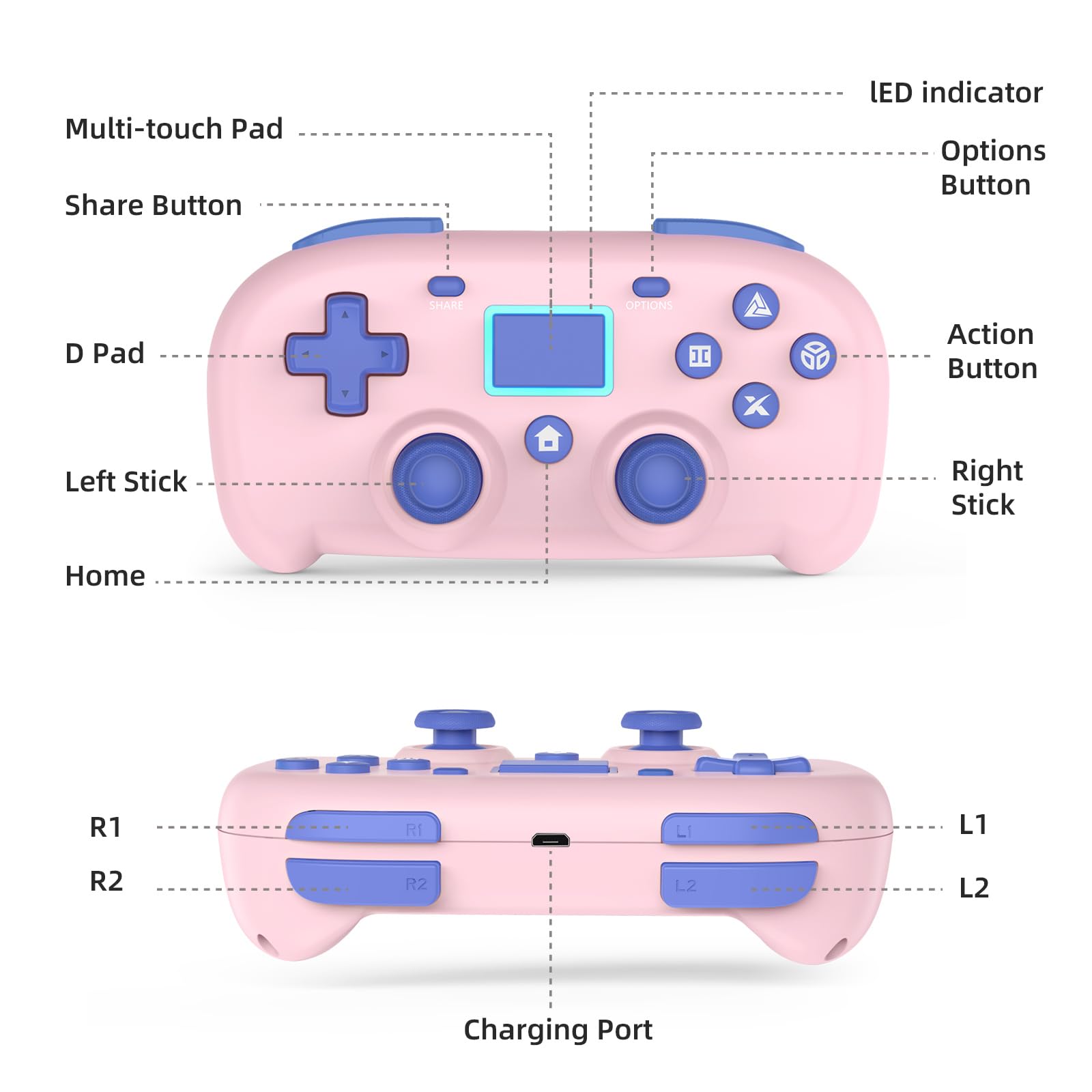 Wireless PS4 Controller, Mini Gamepad Compatible with PlayStation 4 & PC Windows 10/8/7 - Dual Vibration, 6-Axis Motion Sensor, Audio Support (Pink) - Perfect for Gaming, Streaming & Casual Play
