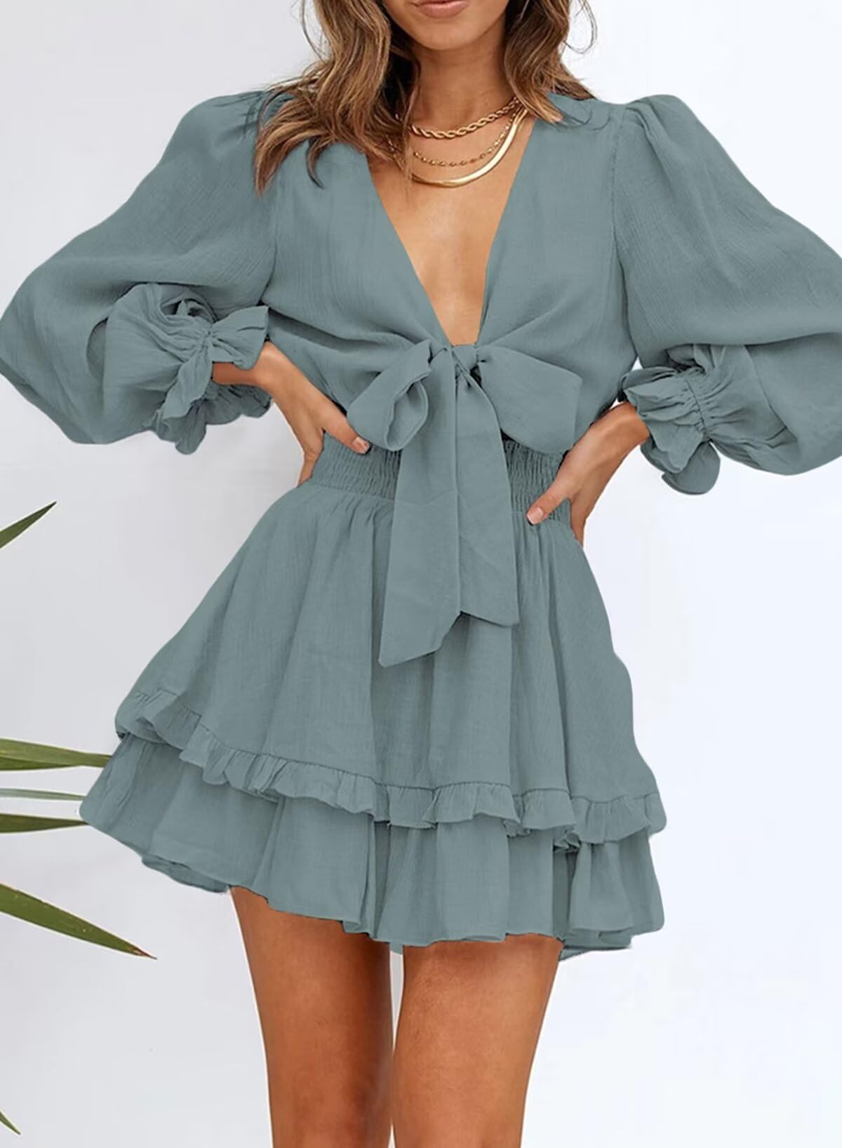 Dokotoo Women's Elegant Deep V Neck Knotted Tiered Chiffon Mini Skater Dress - Casual Summer Swing Dress for Party, Date Night & Vacation 2025