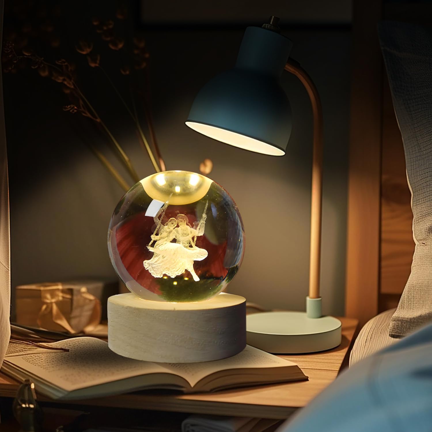 Oblivion 3D Crystal Ball LED Lamp with Radhakrishna Engraved Base - USB Powered Wooden Night Light for Home, Office Desk & Meditation Room Decor - Perfect for Yoga, Spiritual Gifts & Relaxation