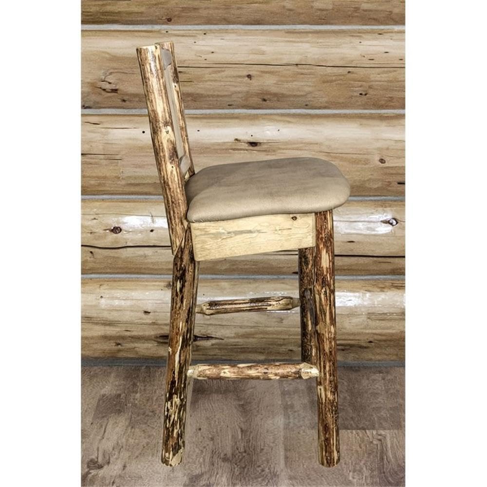 Montana Woodworks Glacier Country Collection Counter Height Barstool with Back - Buckskin Upholstery & Laser Engraved Bronc Design - Perfect for Kitchen Islands, Home Bars, and Rustic Dining Areas