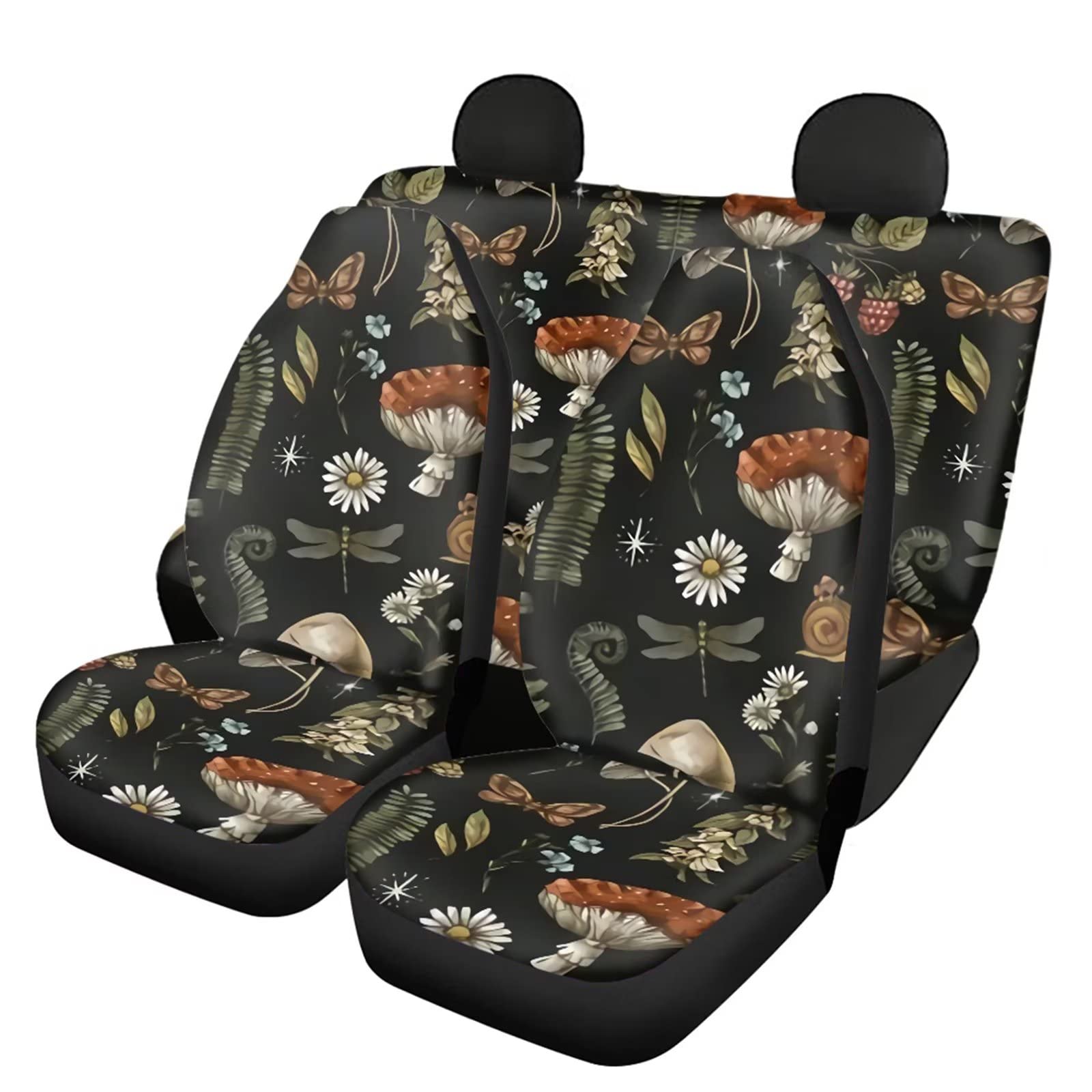 FUIBENG Mushroom Print Car Seat Covers Full Set 4-Piece - Daisy Dragonfly Butterfly Design Universal Fit Front & Back Seat Protectors for Pets (Dogs Cats) - Soft Automotive Interior Accessories for Women & Girls | Perfect for Road Trips, Daily Commutes and Pet Protection