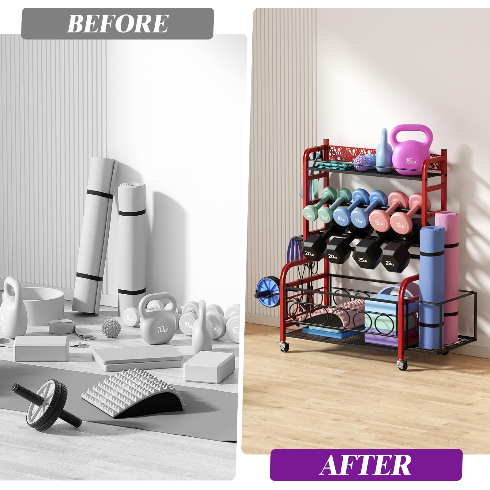 VOPEAK Adjustable Dumbbell Rack with Wheels - Heavy Duty Home Gym Storage Organizer for Dumbbells, Kettlebells & Yoga Mats - Perfect for Strength Training Equipment & Small Space Workout Areas - Ideal for Home Gym, Garage Fitness & Yoga Studio Organization