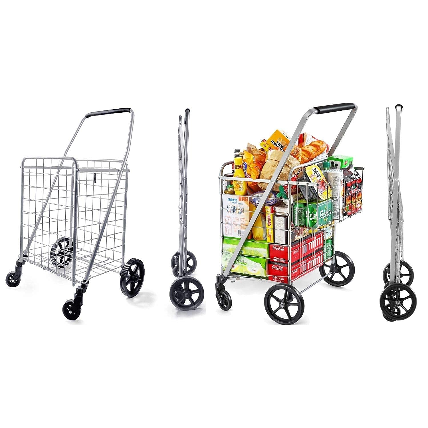 Wellmax Heavy Duty Shopping Cart with 360° Swivel Wheels & Double Basket - Foldable Grocery Cart for Supermarket, Farmers Market, and Home Use