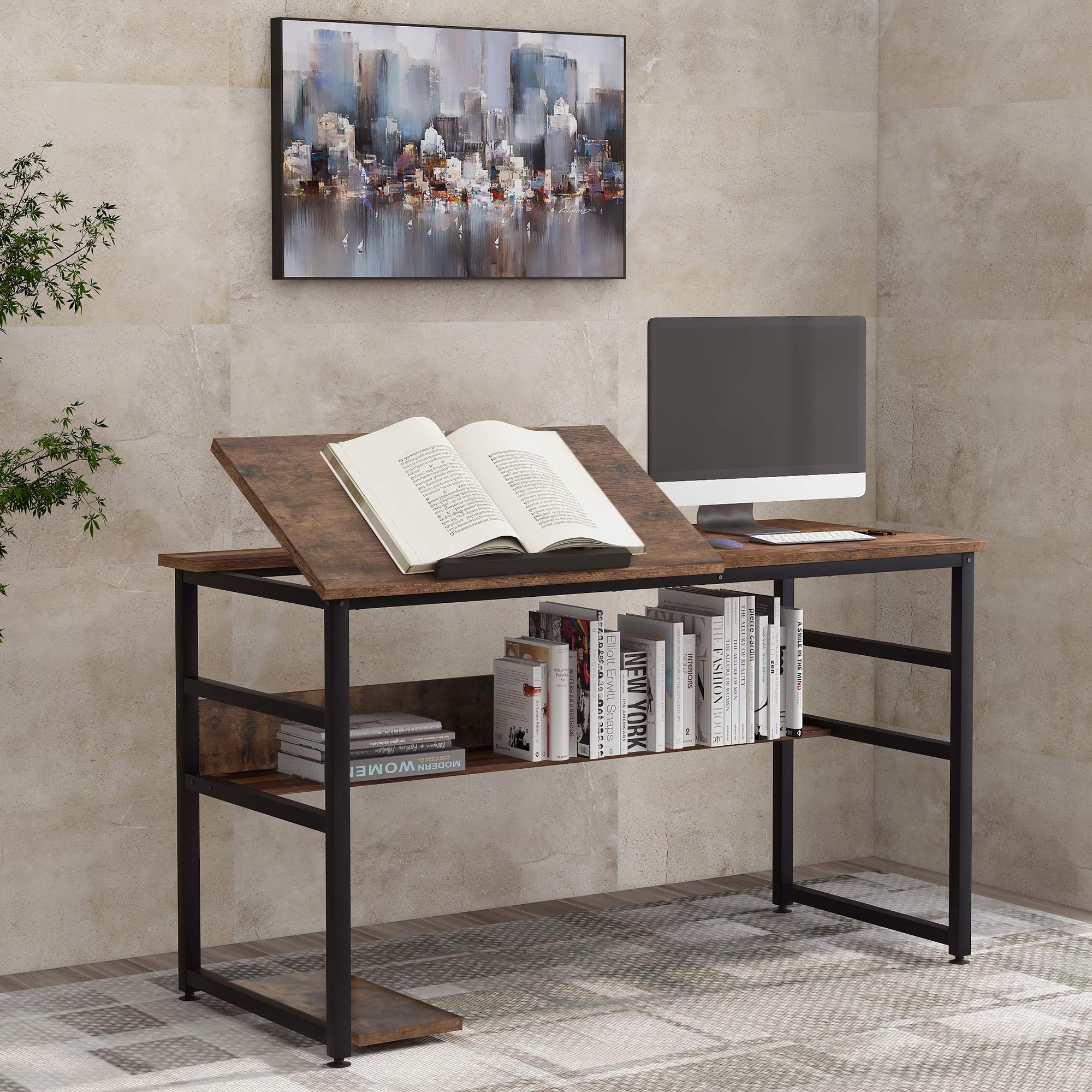 AOBOLAN Large Adjustable Drafting Table with Tiltable Drawing Board & Built-in Bookshelf - Modern Home Office Desk for Architects, Artists & Students - Perfect for Drawing, Studying & Remote Work (Brown)