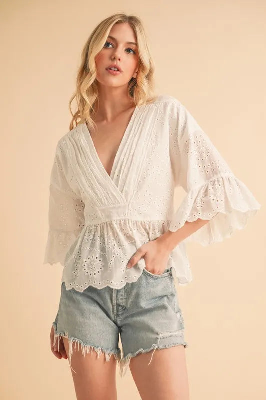 Flounce Sleeve Eyelet Peplum Top for Women - Elegant Summer Blouse with Ruffled Hem & Lace Details | Perfect for Casual Outings, Date Nights & Office Wear