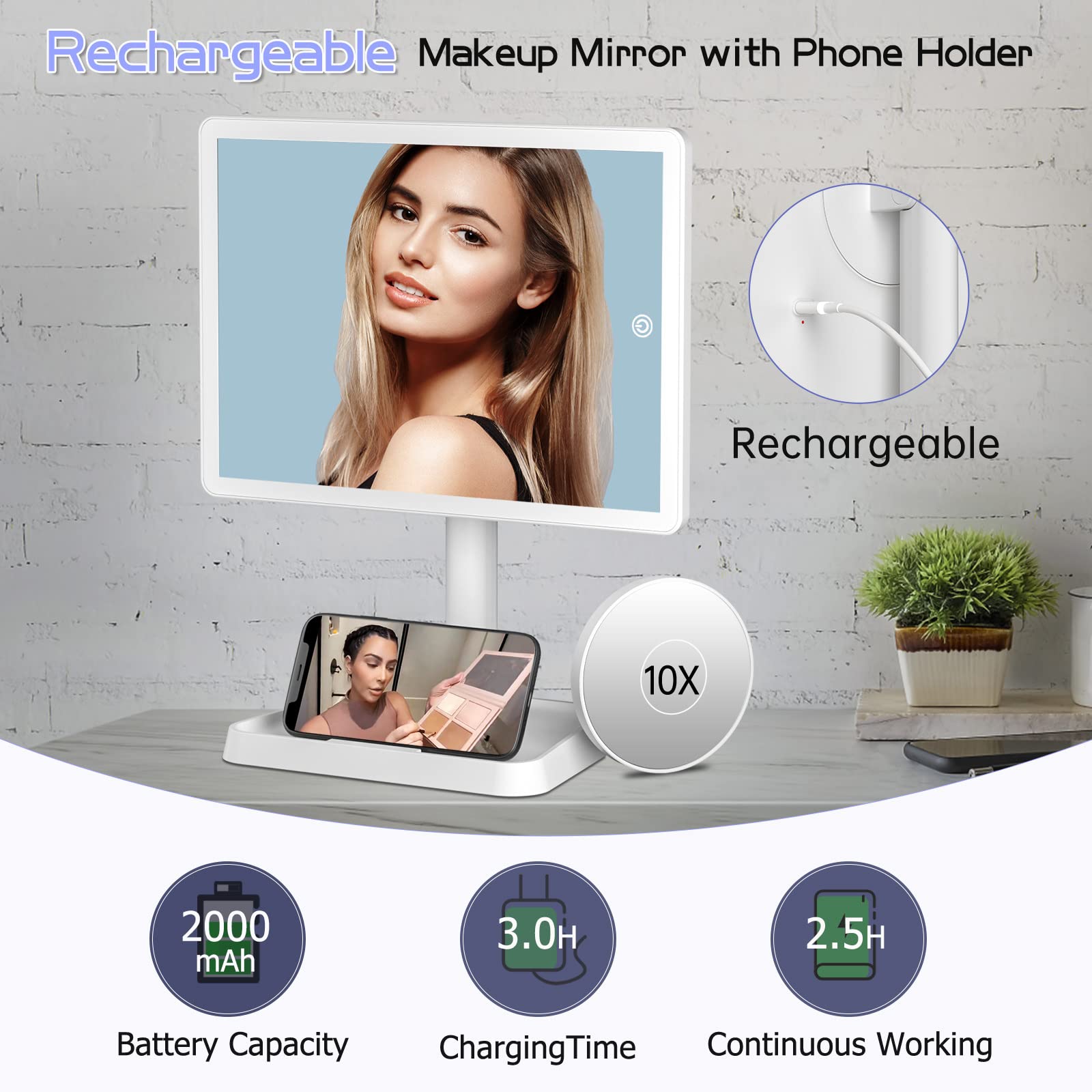 FUNTOUCH Rechargeable LED Makeup Mirror with 96 Lights & 10x Magnifier - 3 Color Lighting, Phone Holder - Perfect for Vanity, Dressing Table, and Professional Makeup Artists