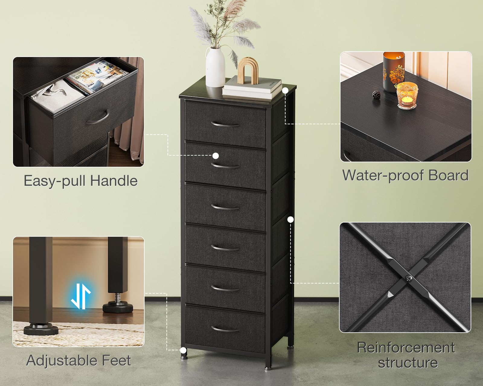 AODK 6-Drawer Tall Dresser for Bedroom - Fabric Storage Organizer with Wood Top & Steel Frame - Black Chest of Drawers for Closet, Living Room, Entryway, Hallway | Perfect for Small Space Organization & Home Decor