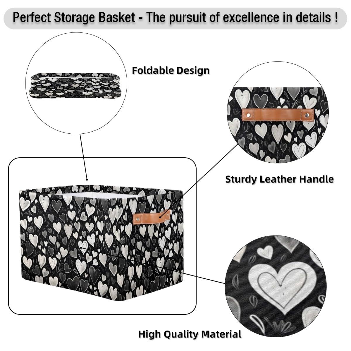 Valentine's Day Storage Basket Set of 2 - Black and White Heart Decor Organizer with Handles for Home, Office & Gift Wrapping | Perfect for Shelves, Closet Organization & Romantic Decorations