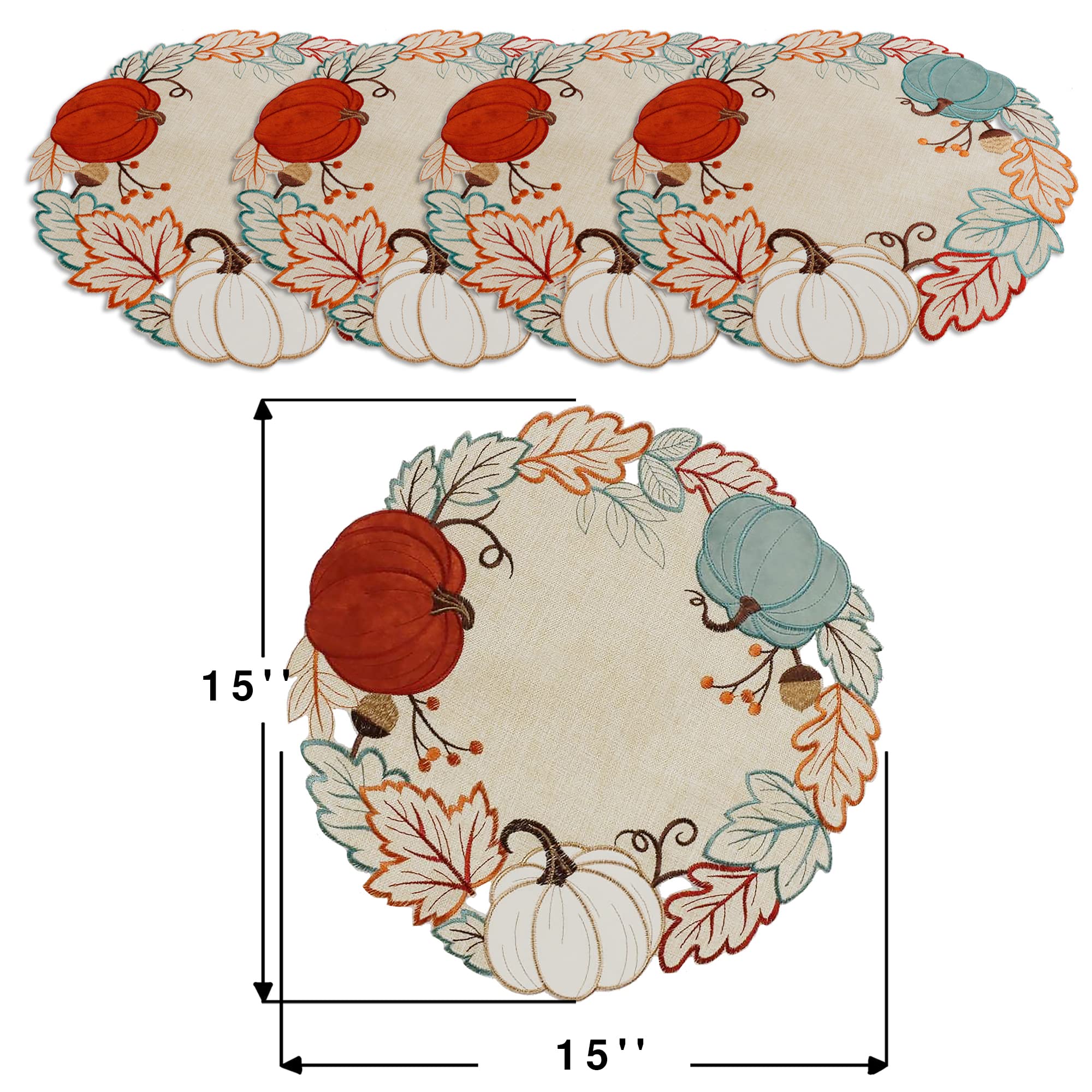 OWENIE Thanksgiving Placemats Set of 4 - Embroidered Round Fall Pumpkin Placemats for Dining Table, Farmhouse Harvest Decor, Halloween Table Decorations | Perfect for Autumn Gatherings, Holiday Dinners & Seasonal Home Decor