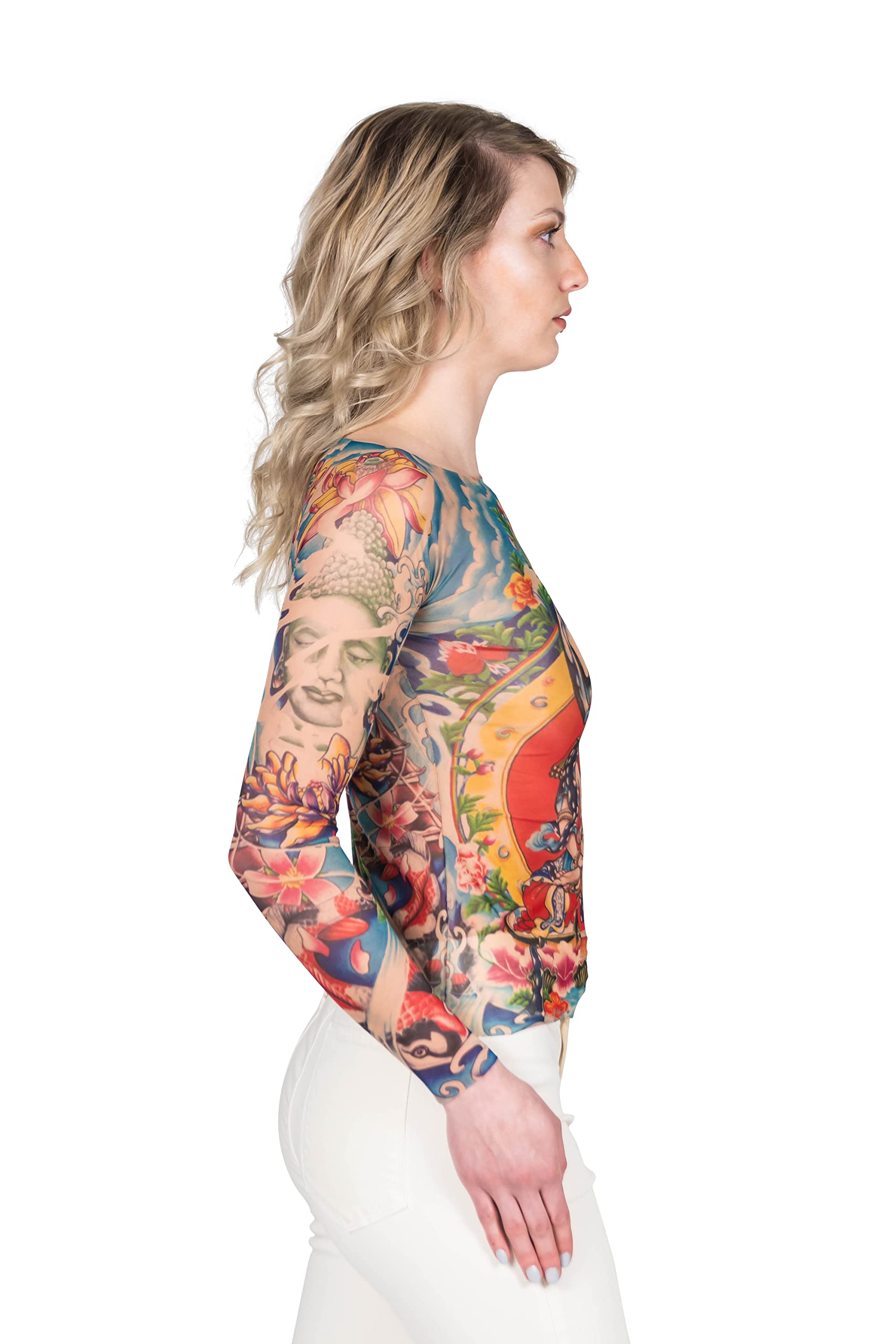 Wild Rose Women's Prayer Buddha Yoga Meditation Lotus Koi Zen Blue Tattoo Print Mesh Shirt - Perfect for Yoga, Meditation, and Spiritual Retreats