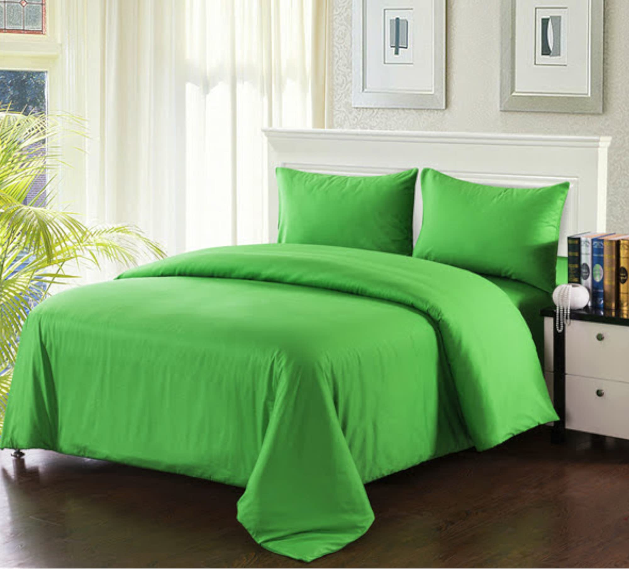 4-Piece Cotton Solid Lime Green Comforter Set with Zipper - California King Size Bedding for Modern Bedrooms | Soft & Breathable Luxury Bed Set for Master Bedroom, Guest Room, or Dorm