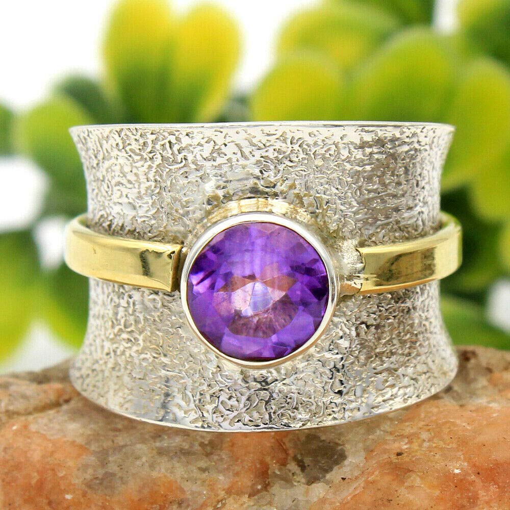 925 Sterling Silver Amethyst Rings for Women - Purple Gemstone Bridesmaid Rings, Round Bezel Set Handmade Jewelry | Perfect for Weddings, Gifts & Everyday Wear