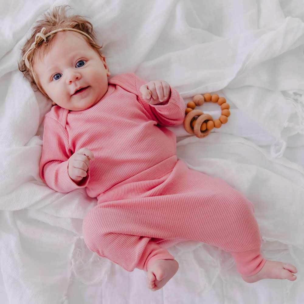Organic Cotton Rib Knit Baby Sleep Pants - Soft & Breathable Infant Pajama Bottoms for Girls (Pink) - Perfect for Nursery, Bedtime & Playtime