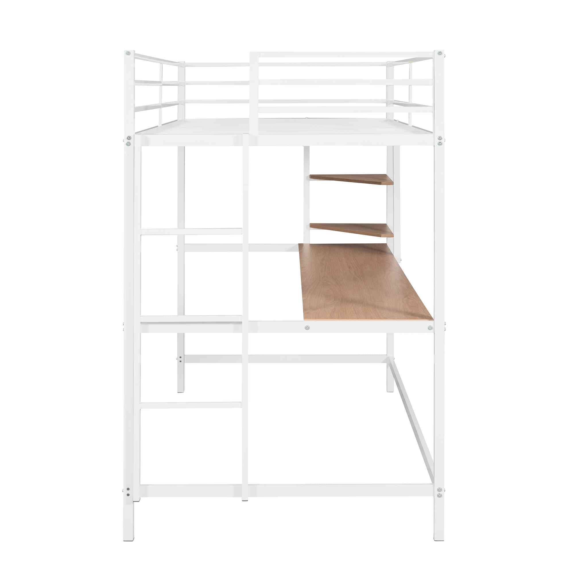 ATY White Metal Twin Size Loft Bed with Desk & Shelves - Space Saving Steel Bed Frame with Ladder for Small Bedroom, Dorm Room - Easy Assembly Study & Sleep Solution for Teens & College Students