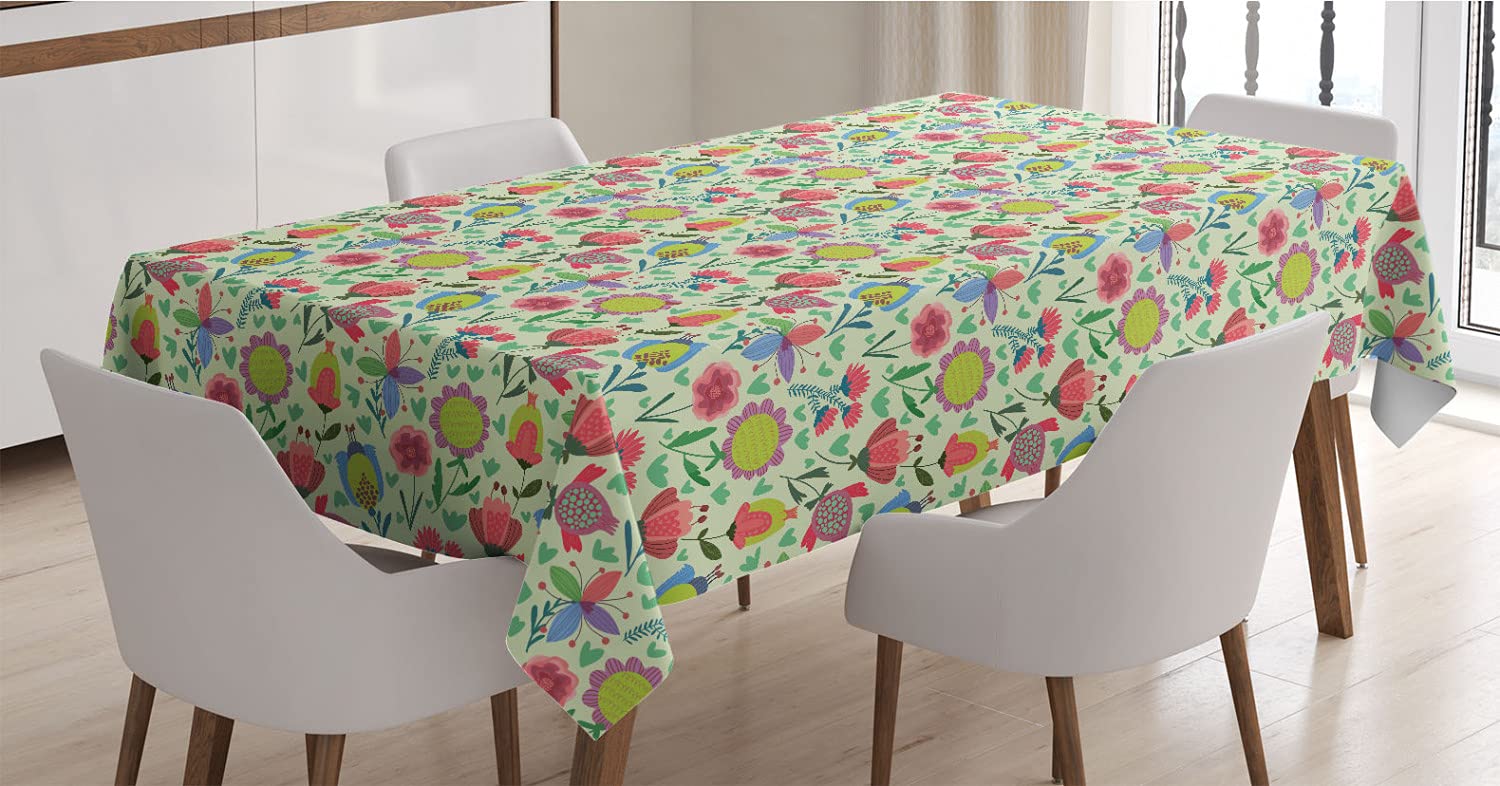 Ambesonne Dutch Floral Tablecloth - Colorful Doodle Tulips on Pale Green Background, 60x90 Inch Rectangle Satin Dining Table Cover for Kitchen & Dining Room Decor | Perfect for Spring Parties, Easter Celebrations & Farmhouse Style Home Decor