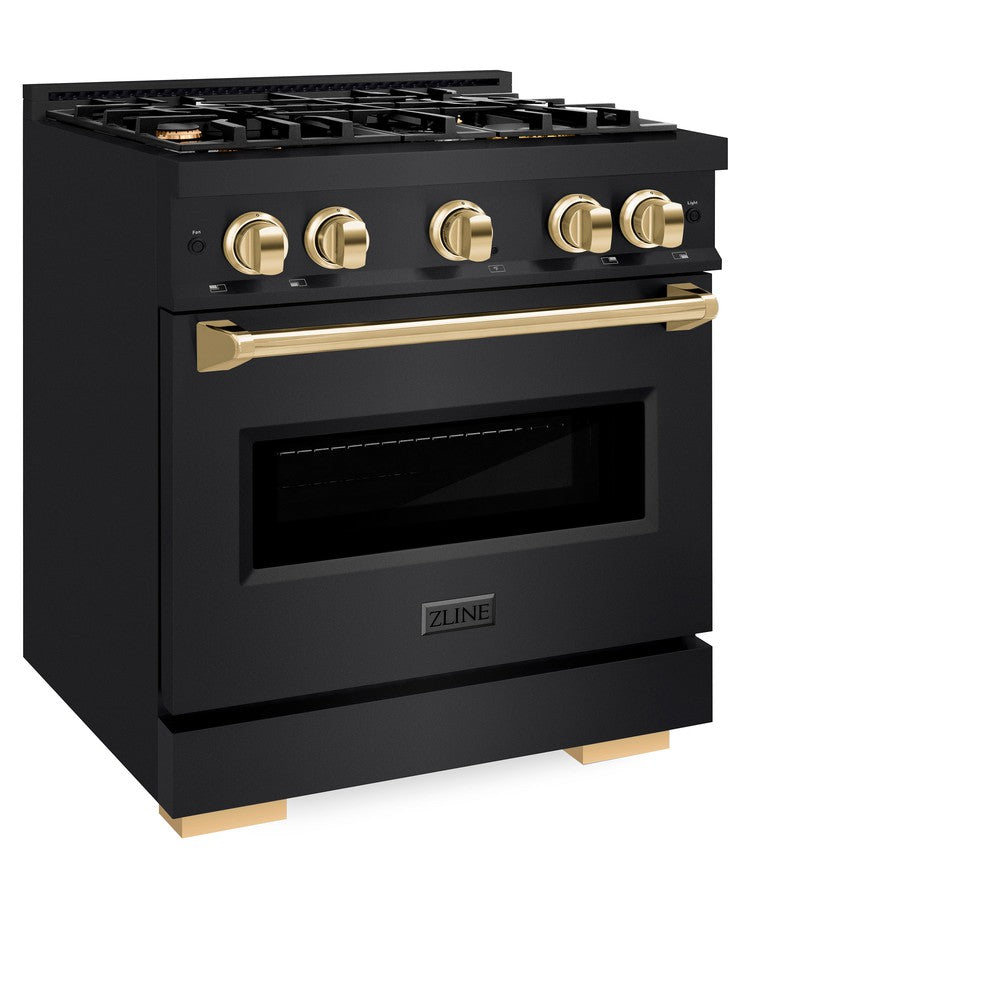 ZLINE Autograph Edition 30-inch 4.2 cu. ft. Dual Fuel Range - Black Stainless Steel with Gold Accents - 4 Burner Gas Cooktop & Convection Oven - Professional Kitchen Appliance for Home Chefs & Cooking Enthusiasts